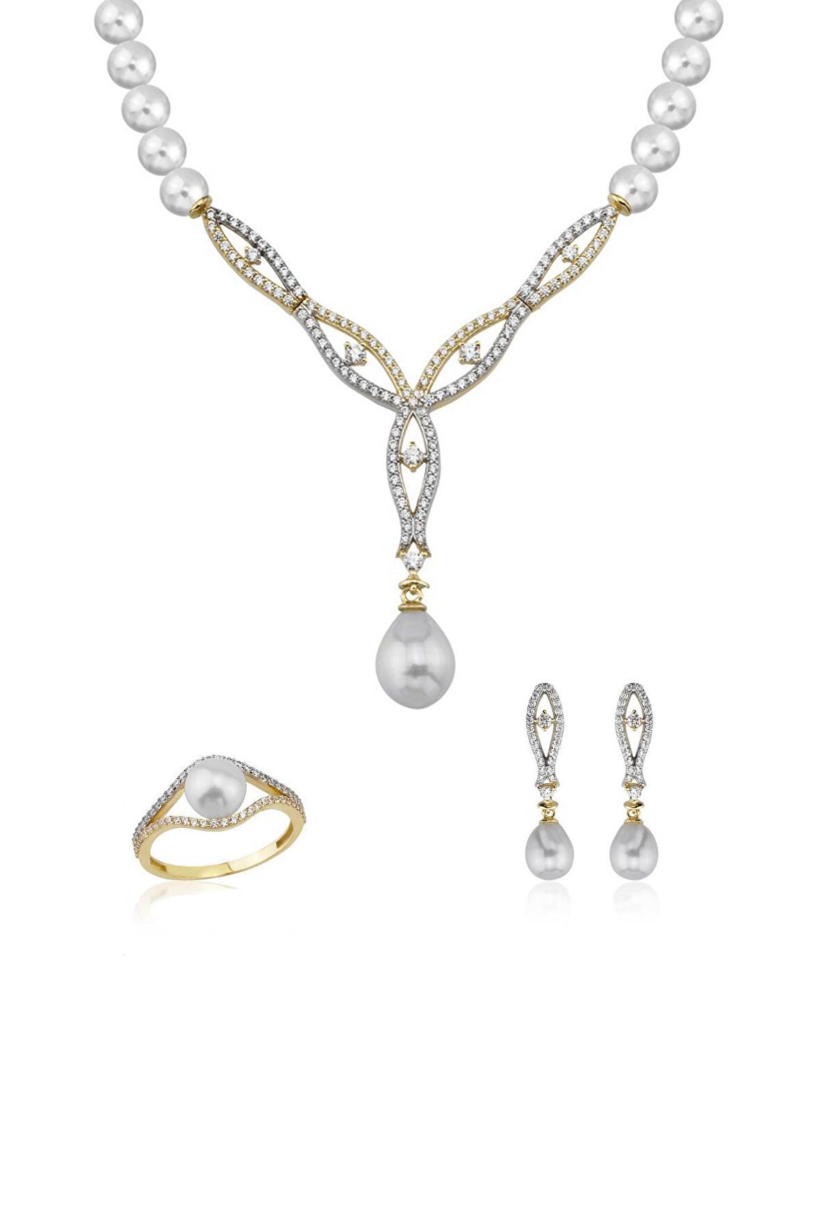 Birinci1926 14 Ayar Altın Kadın Üç Sıra Oval İnci Set