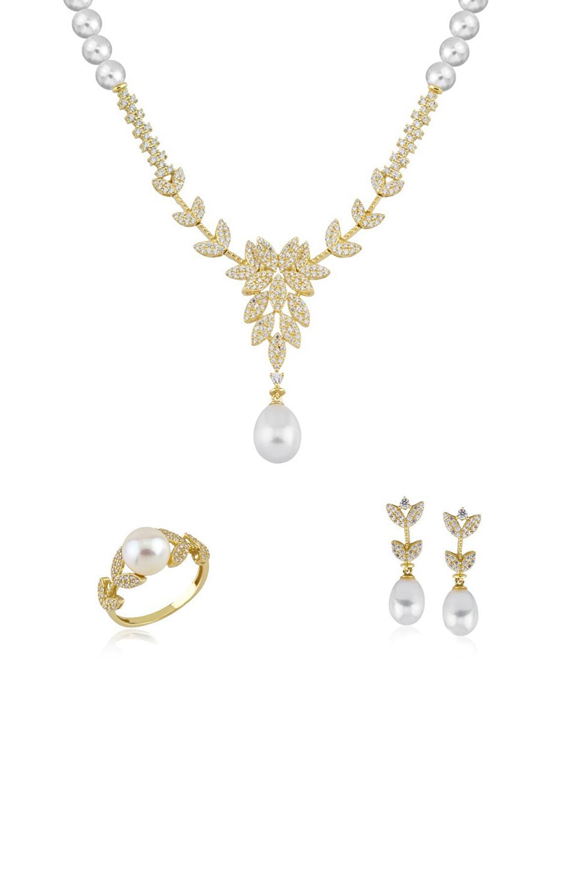 Birinci1926 14 Ayar Altın Kadın Şans Kuyruğu Taşlı İnci Set