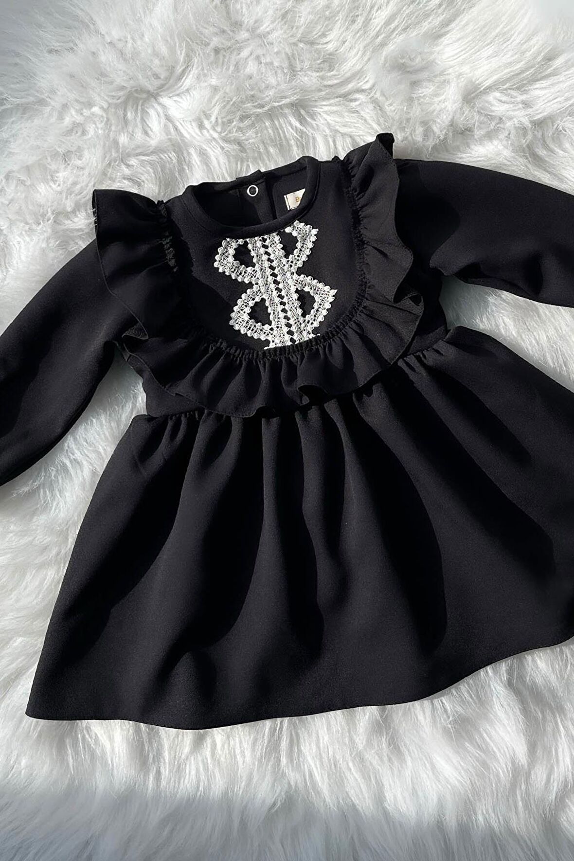 Dantel Detaylı Fırfırlı Kız Çocuk Bebek Siyah Krep Elbise
