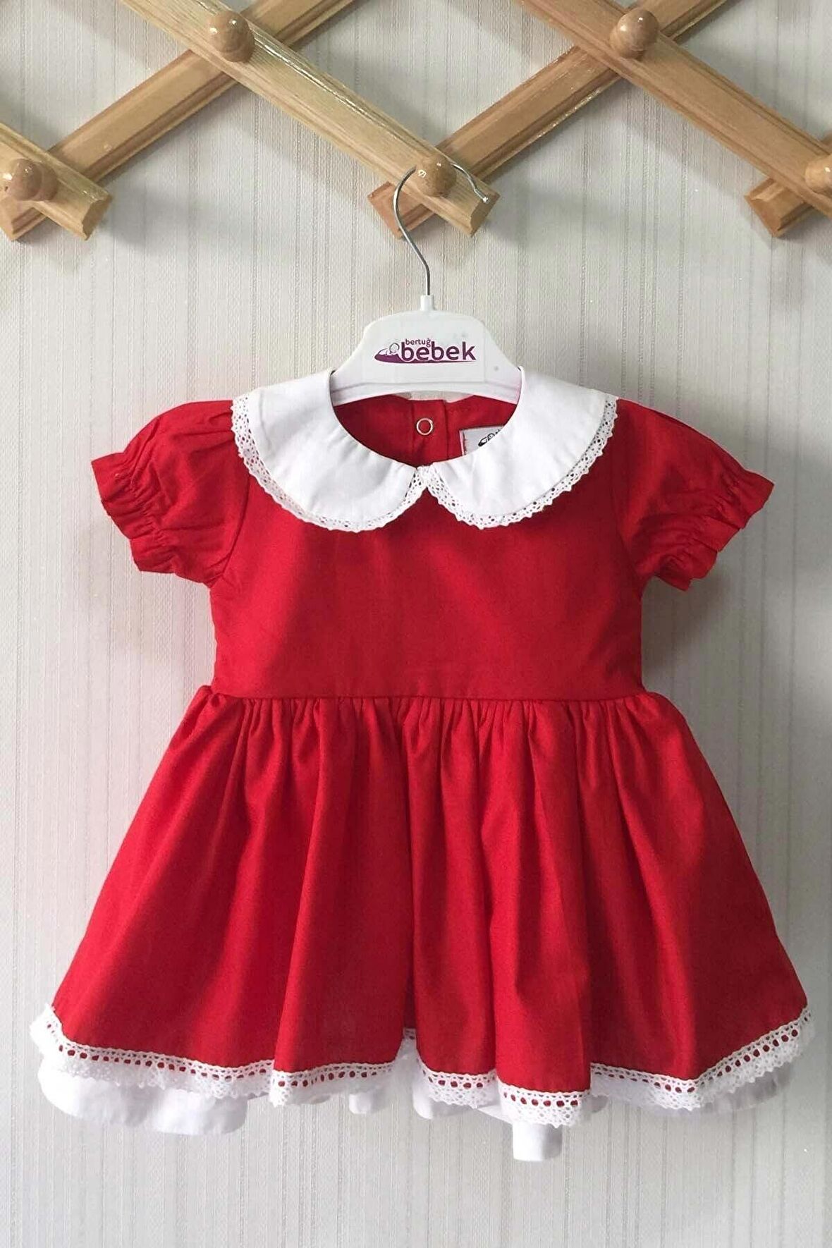 Bebe Yaka Dantel Detaylı Kırmızı Poplin Kız Çocuk Bebek Bayram Özel Gün Elbise