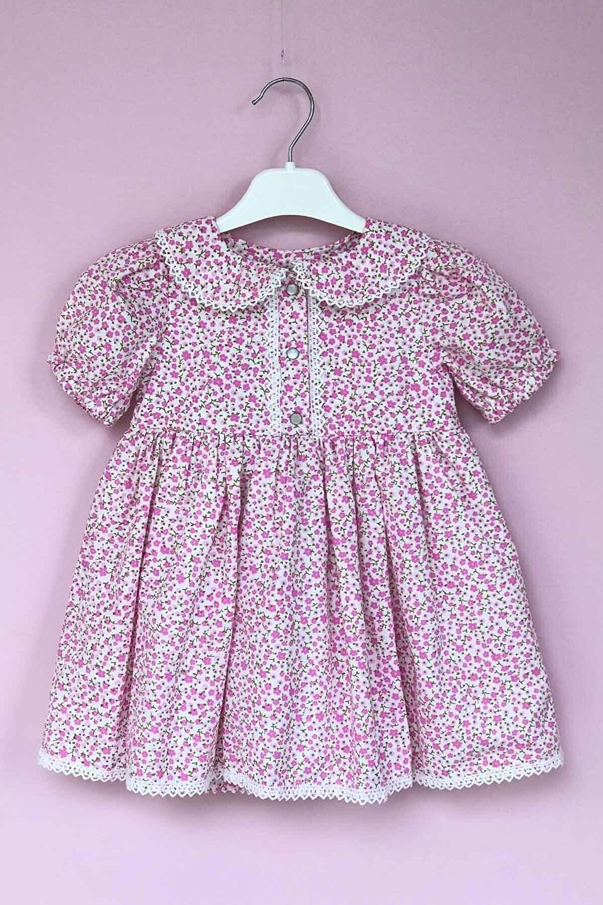 Dantel Detaylı Bebe Yaka Kız Çocuk Bebek Çiçekli Poplin Pembe Elbise