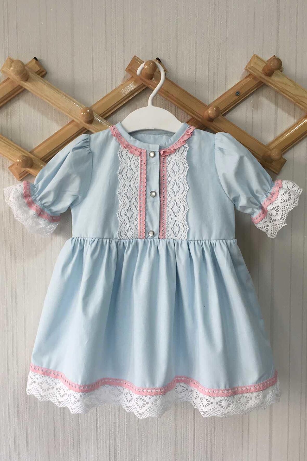 Dantel Detaylı Kısa Kol Bebe Mavi Pamuklu Kız Çocuk Bebek Elbise