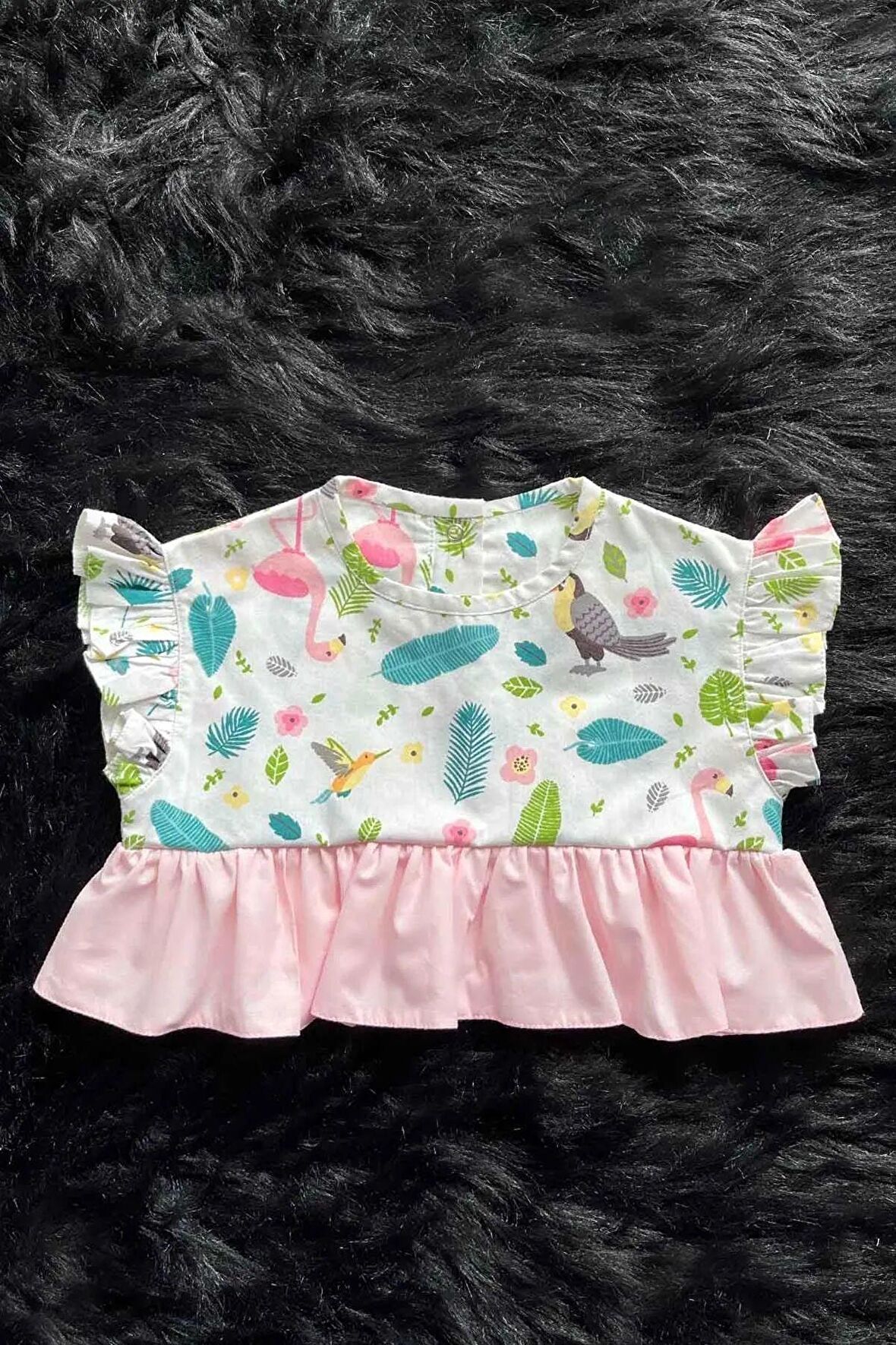 Flamingo Desenli Kız Çocuk Bebek Crop Kısa Renkli Pembe Şeker Bluz