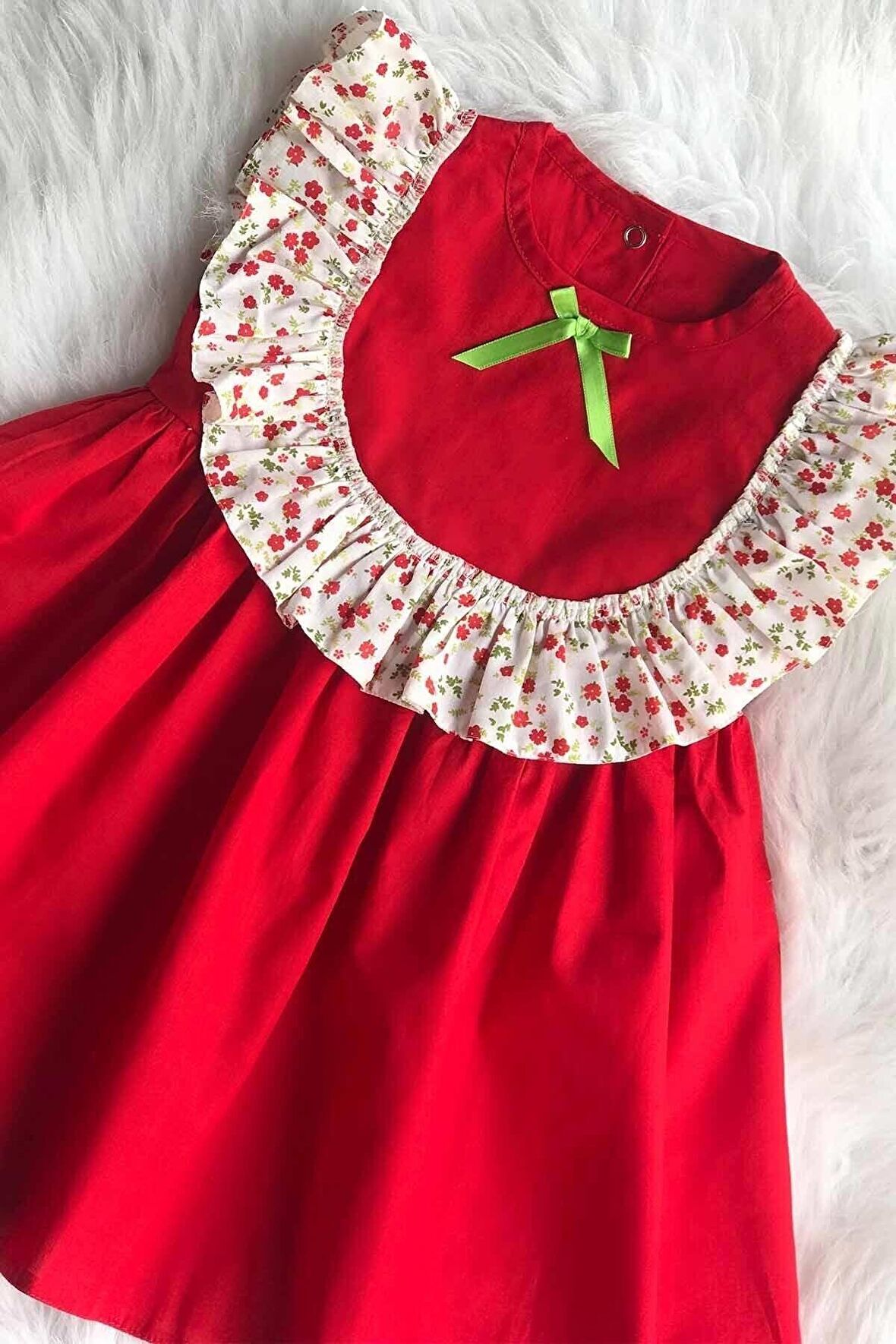 Fırfır Detaylı Kolsuz Çiçekli Kırmızı Kız Çocuk Bebek Elbise