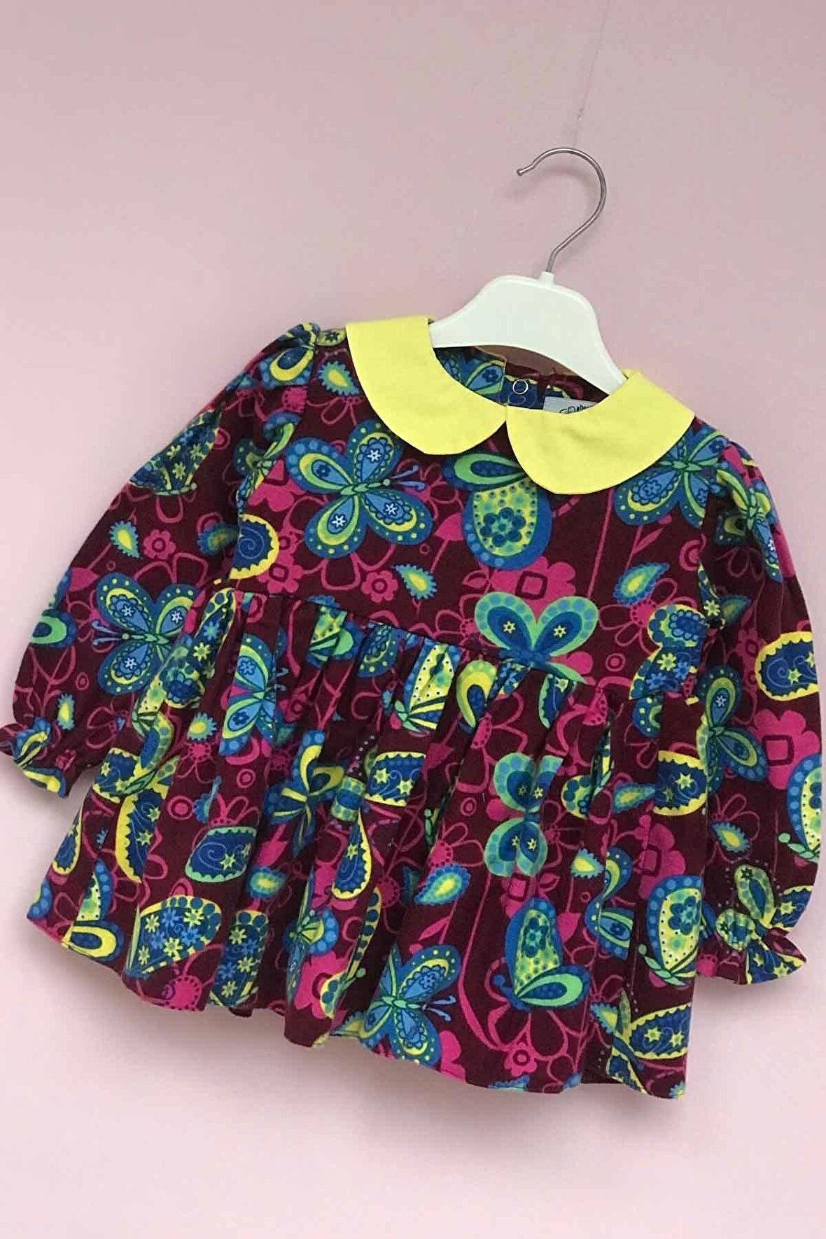 Bebe Yaka Kelebek Desenli Pazen Kız Çocuk Bebek  Renkli Elbise