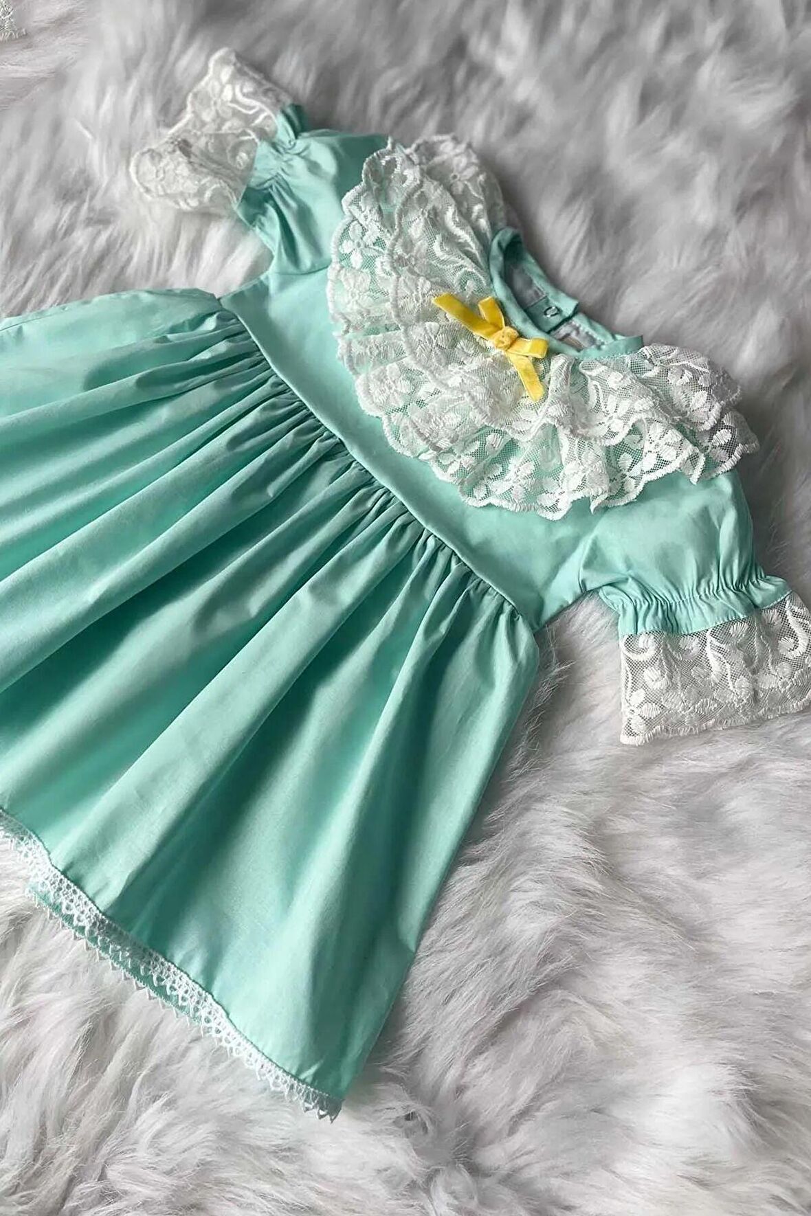 Dantel Yaka Su Yeşili Kız Çocuk Bebek Poplin Elbise