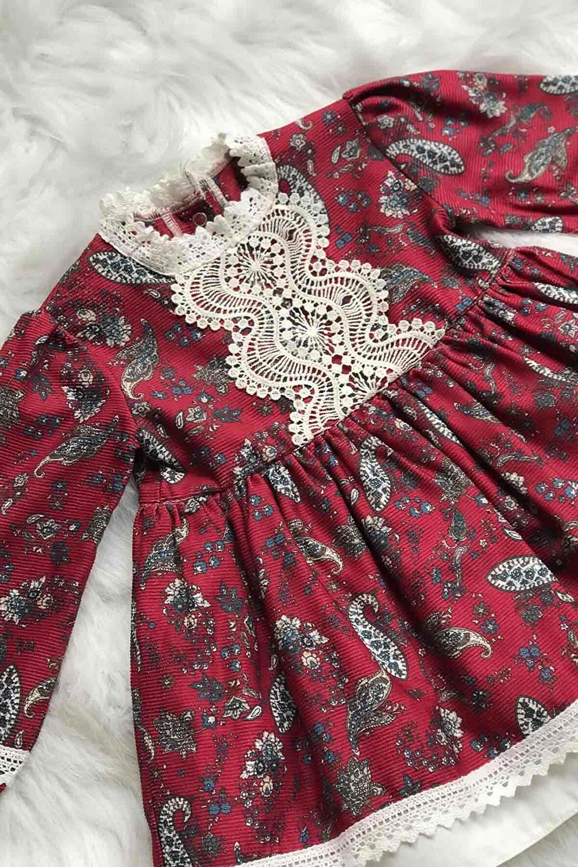 Dantel Detaylı Şal Desenli Bordo Kız Çocuk Bebek Tasarım Elbise