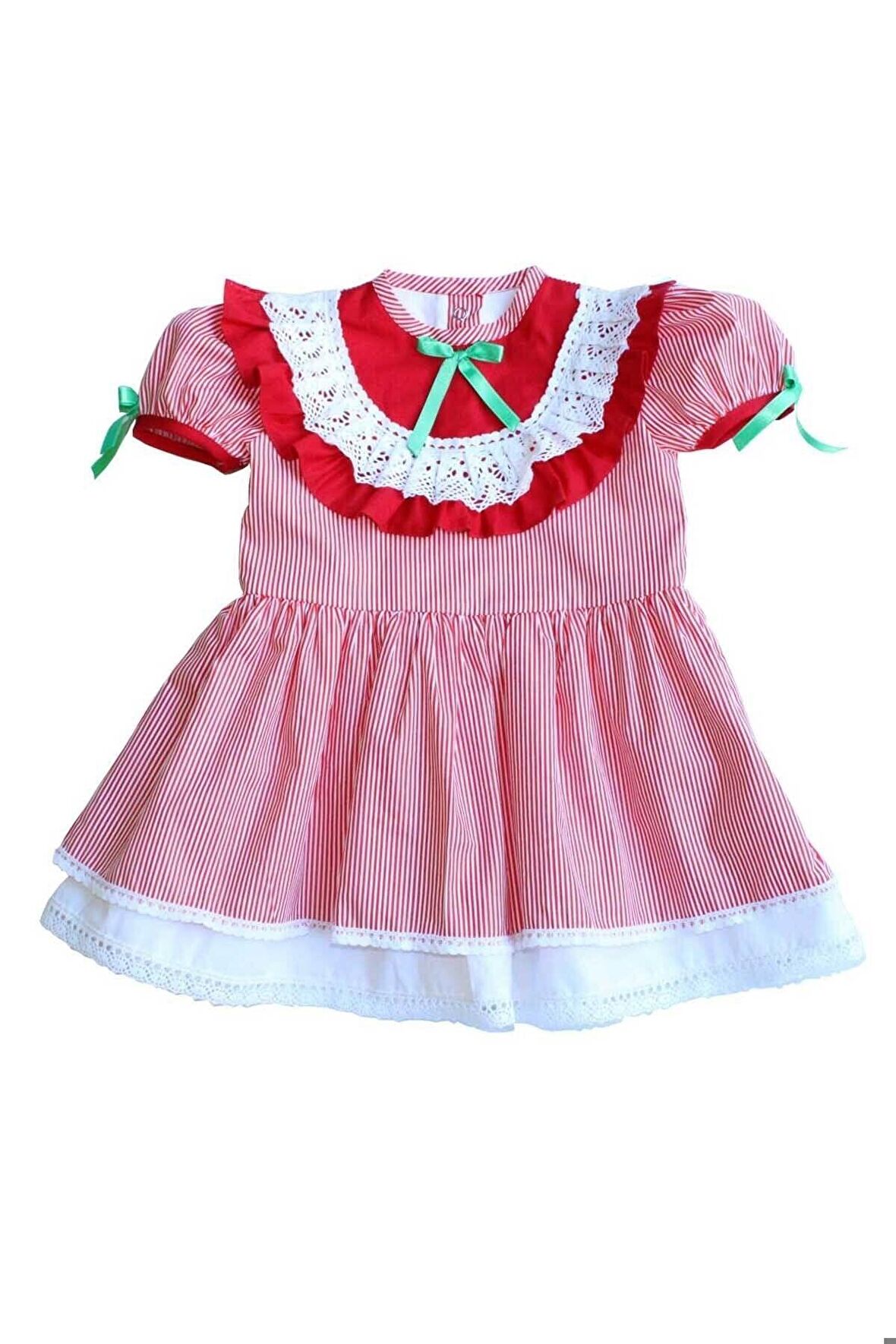 Fırfırlı Ve Kurdele Detaylı Çizgili Kırmızı Kız Çocuk Bebek Elbise