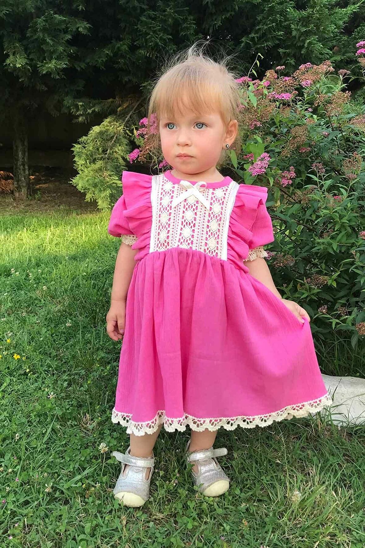 Dantel Detaylı Şile Bezi Kız Çocuk Bebek Pembe Elbise