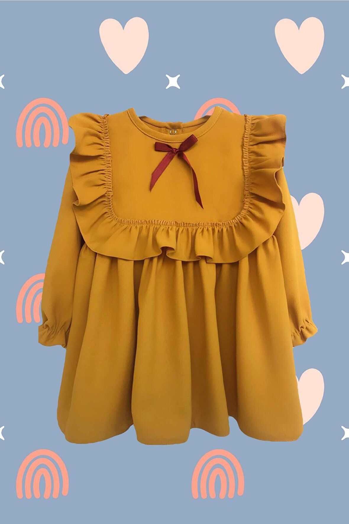 Fırfırlı Hardal Krep Kız Çocuk Bebek Elbise