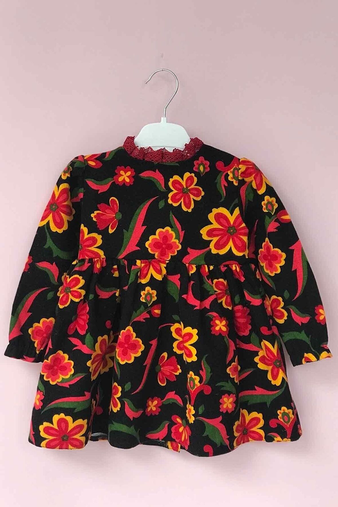 Dantel Yaka Çiçekli Siyah Pazen Kız Çocuk Bebek Elbise