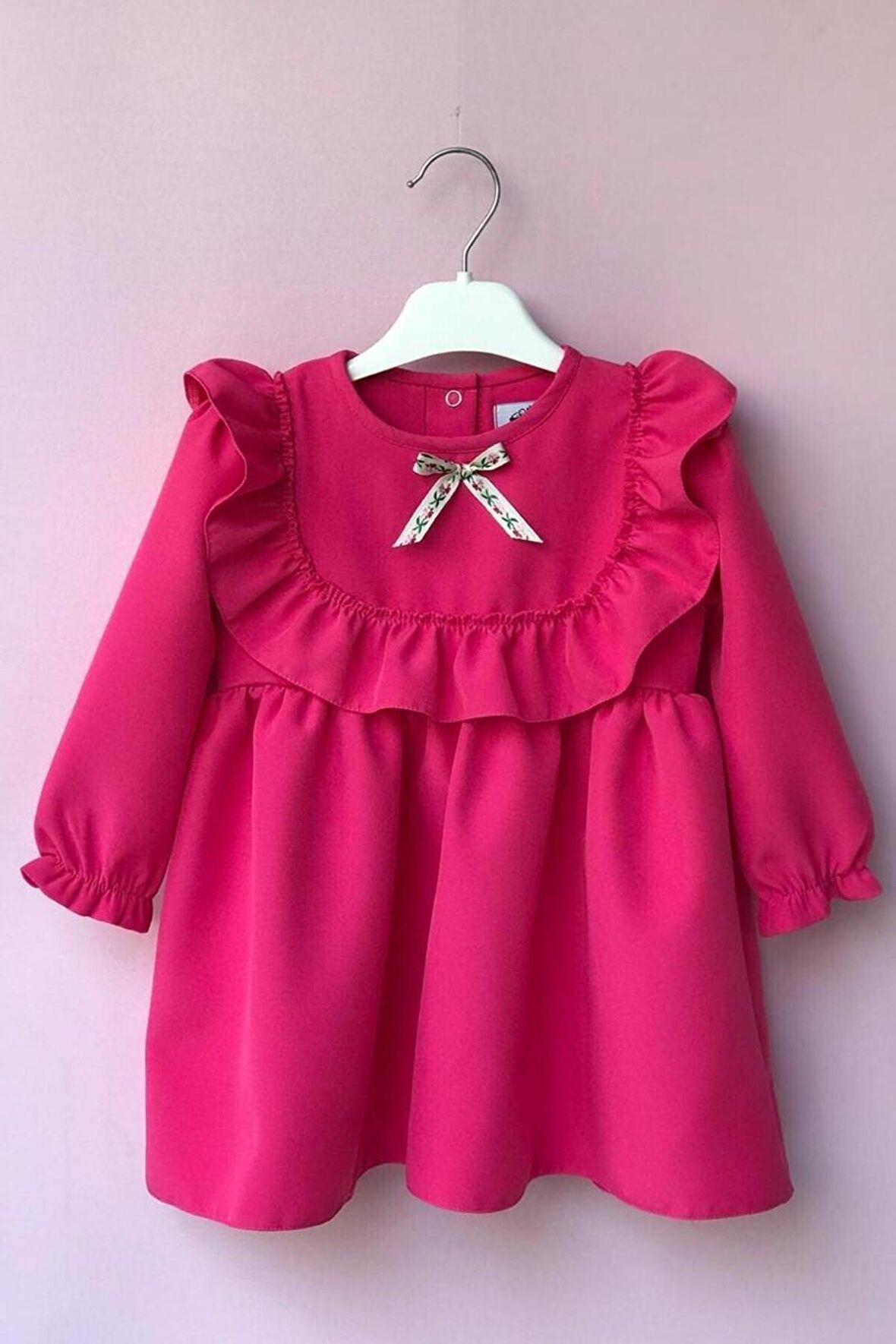 Fırfır Ve Kurdele Detaylı Tasarım Şeker Pembe Kız Çocuk Bebek Elbise
