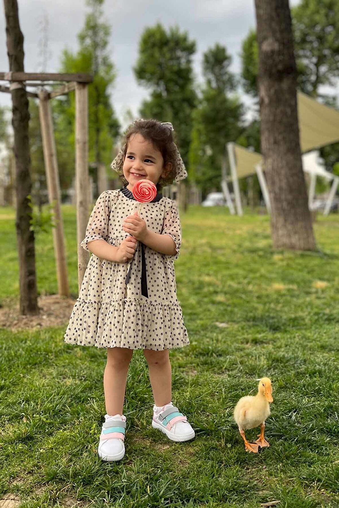 Siyah Kurdele Detaylı Minik Çiçekli Şifon Tül Tasarım Kız Çocuk Bebek Elbise Ve Toka Takımı