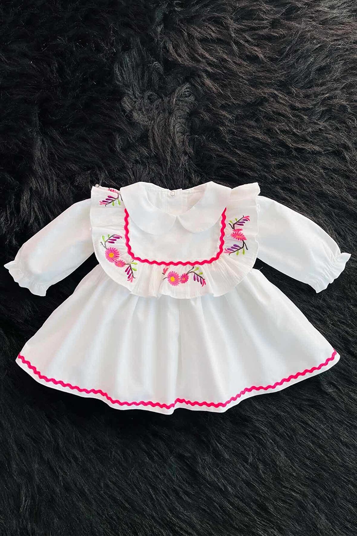Nakış Ve Su Taşı Detaylı Beyaz Poplin Pamuklu Kız Çocuk Bebek Mevlüt Elbise