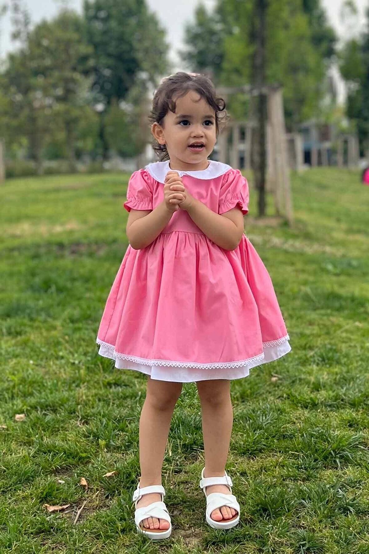 Dantel Detaylı Bebe Yaka Pembe Poplin Kız Çocuk Bebek Elbise