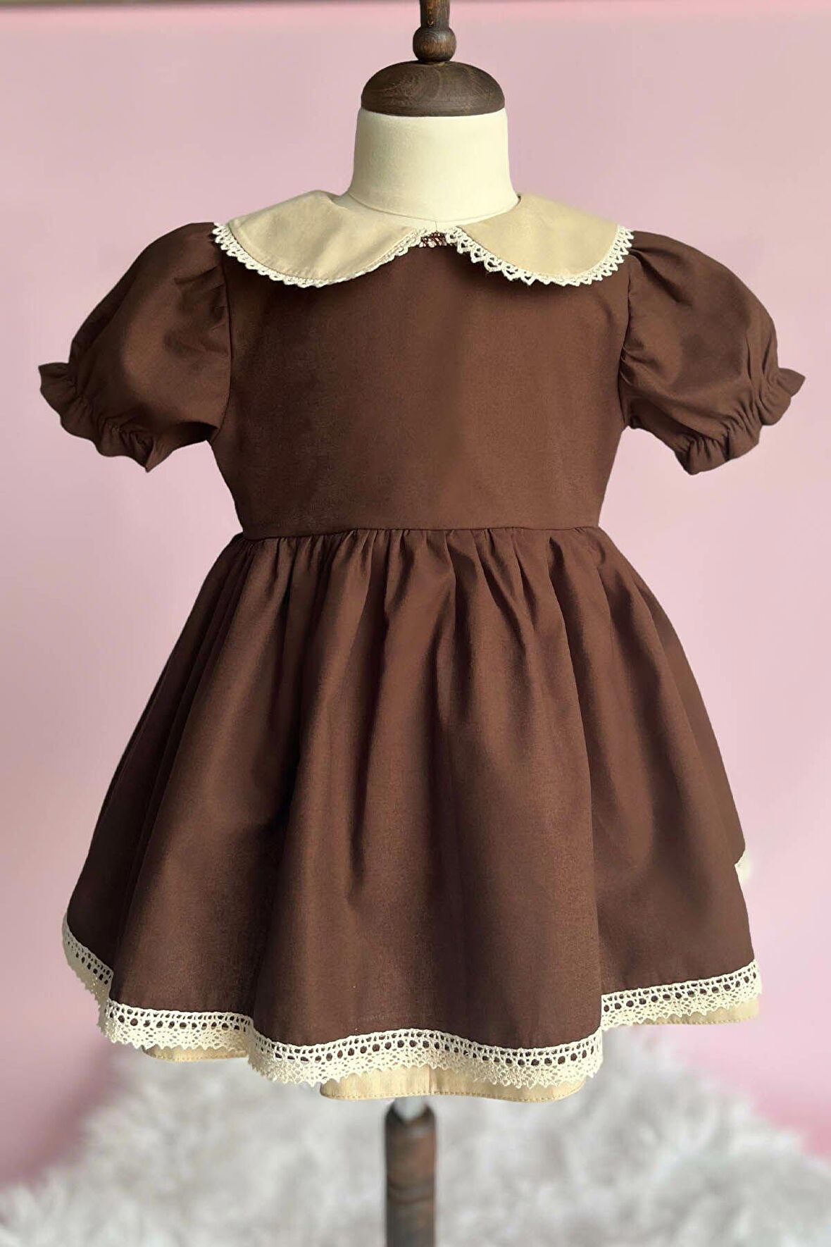 Dantel Detaylı Bebe Yaka Kahve Camel Vintage Kız Çocuk Bebek Bayram Elbise