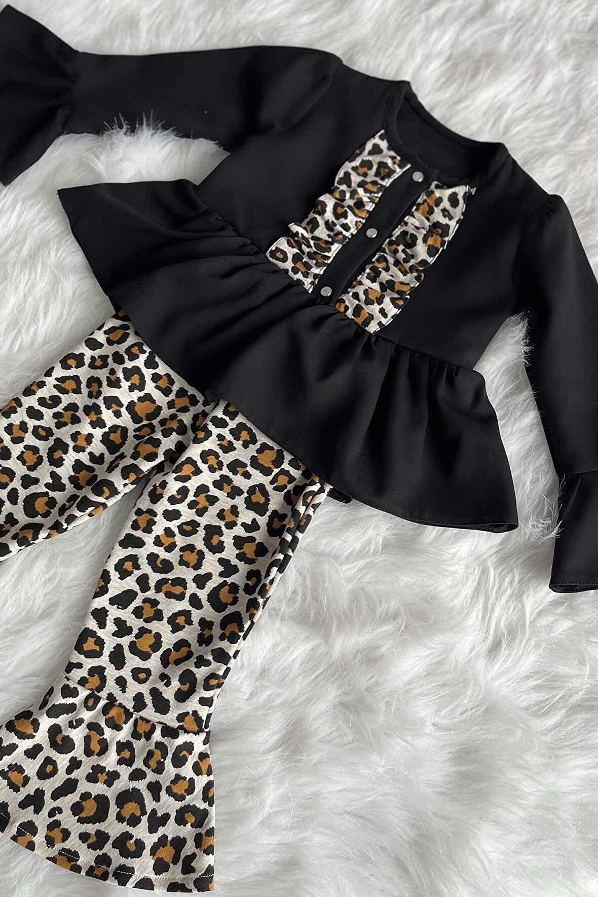 Siyah Leopar Kız Çocuk Bebek Alt Üst Takım