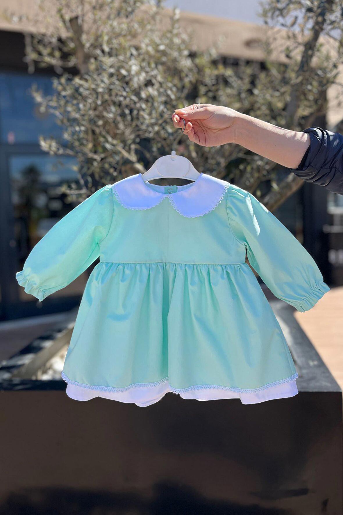 Dantel Detaylı Kız Çocuk Bebek Uzun Kol Bebe Yaka Elbise