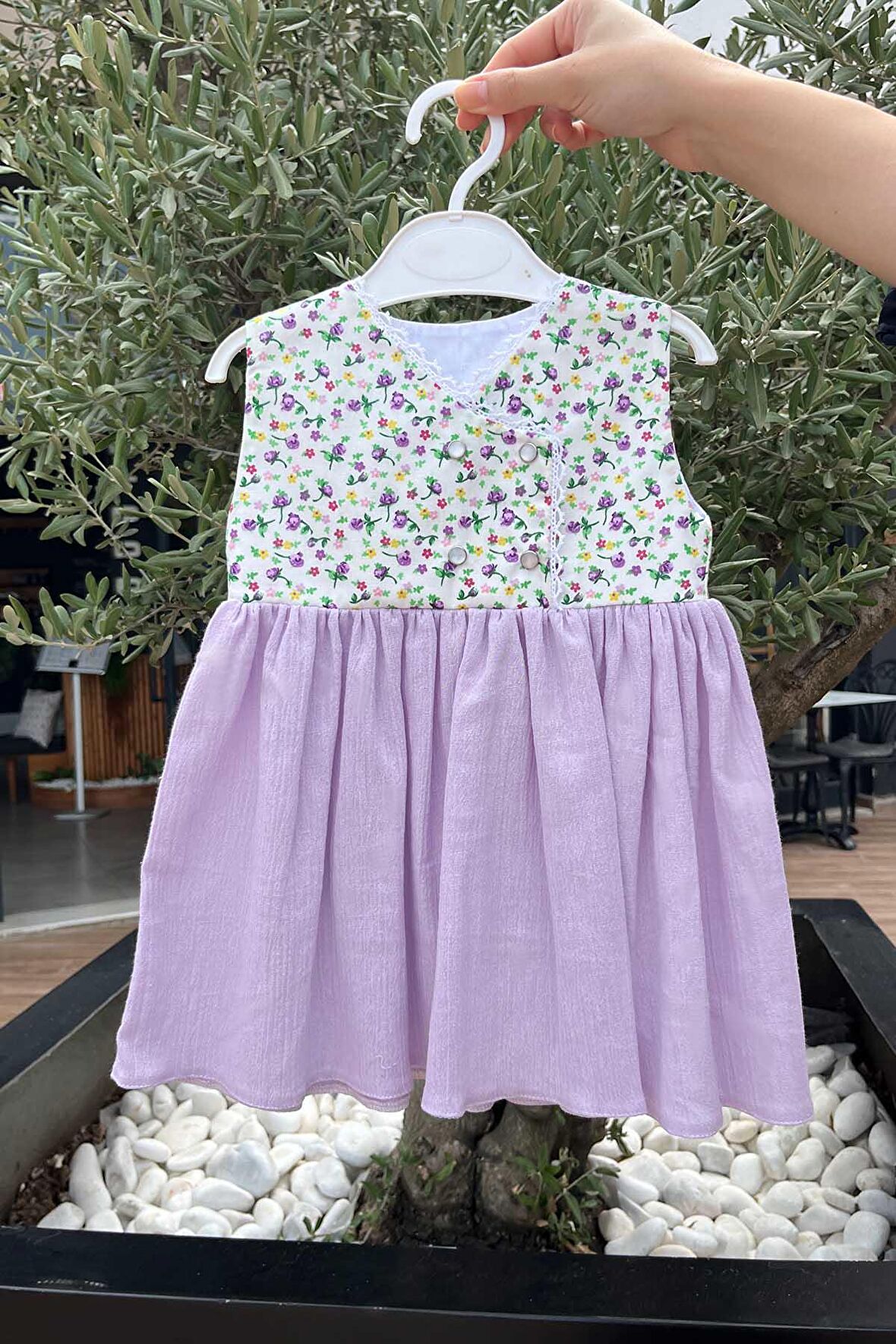 Çiçek Desenli Kız Çocuk Bebek Şile Bezi Pamuklu Lila Elbise