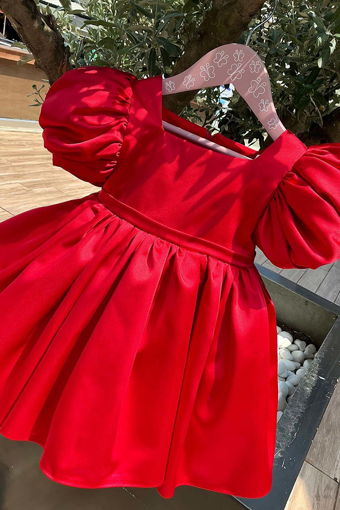 Saten Kırmızı Kız Çocuk Bebek Balon Kol Abiye Kabarık Elbise