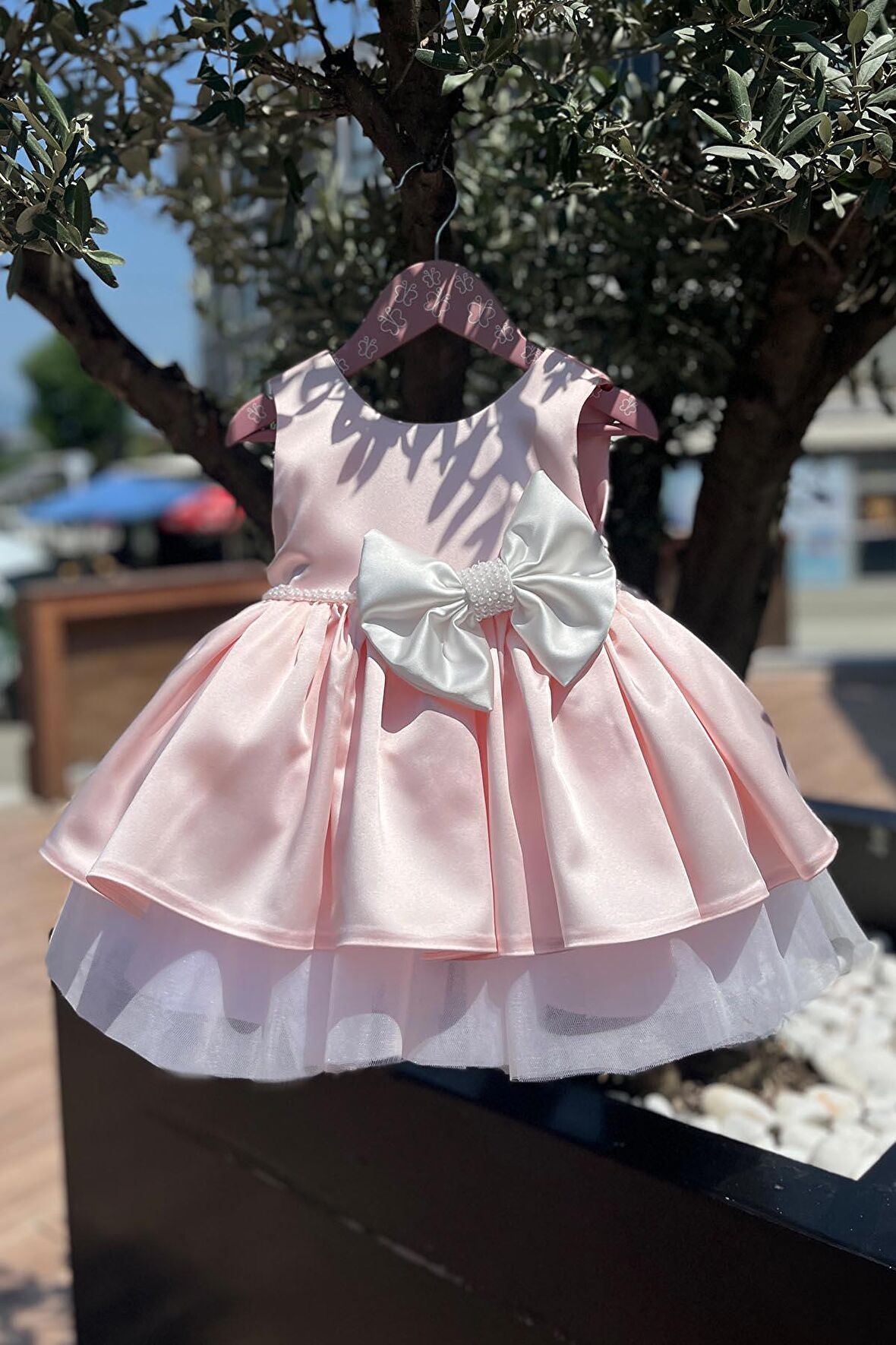 Saten İnci Süslemeli Kız Çocuk Bebek Abiye Pudra Pembe Elbise