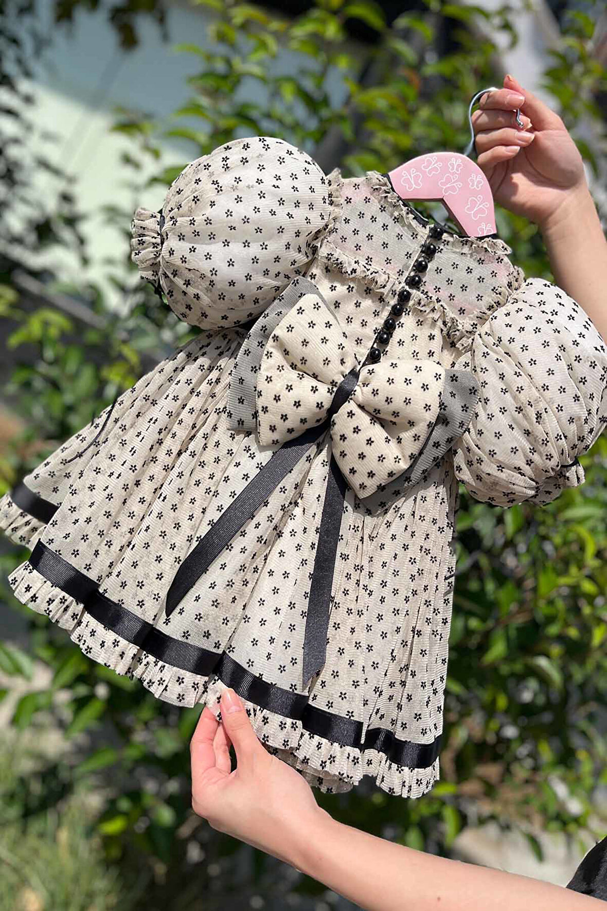 Çiçek Baskılı Şifon Tül Abiye Kız Çocuk Bebek Kısa Kol Camel Siyah Elbise