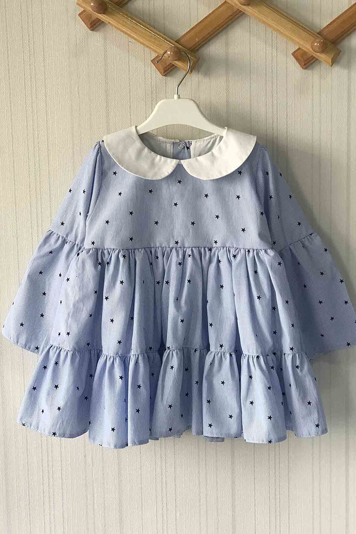 Mavi Yıldız ve Çizgi Desenli Bebe Yaka Kız Çocuk Bebek Elbise