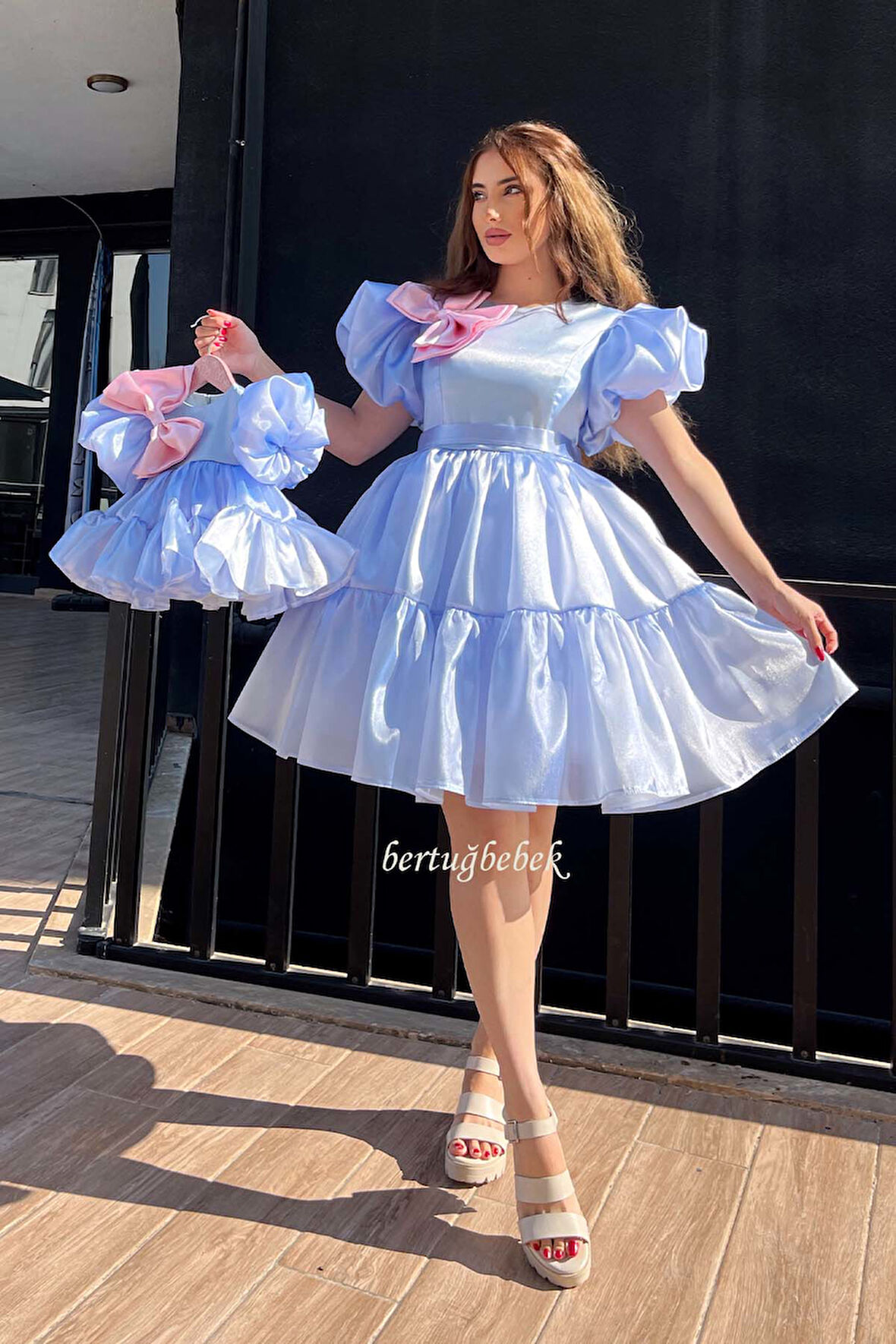 Anne Kız Bebek Çocuk Organze Kombin Abiye Elbise Mavi Pembe Takım