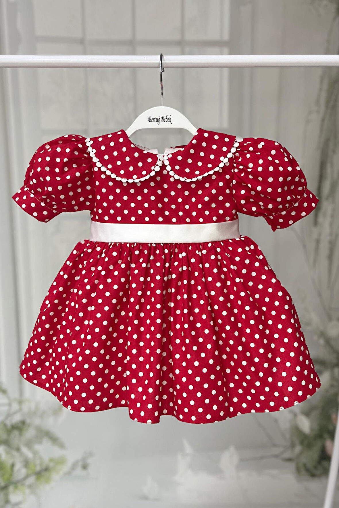 Bebe Yaka Dantelli Kız Çocuk Bebek Puantiyeli Pamuklu Kırmızı Minnie Elbise