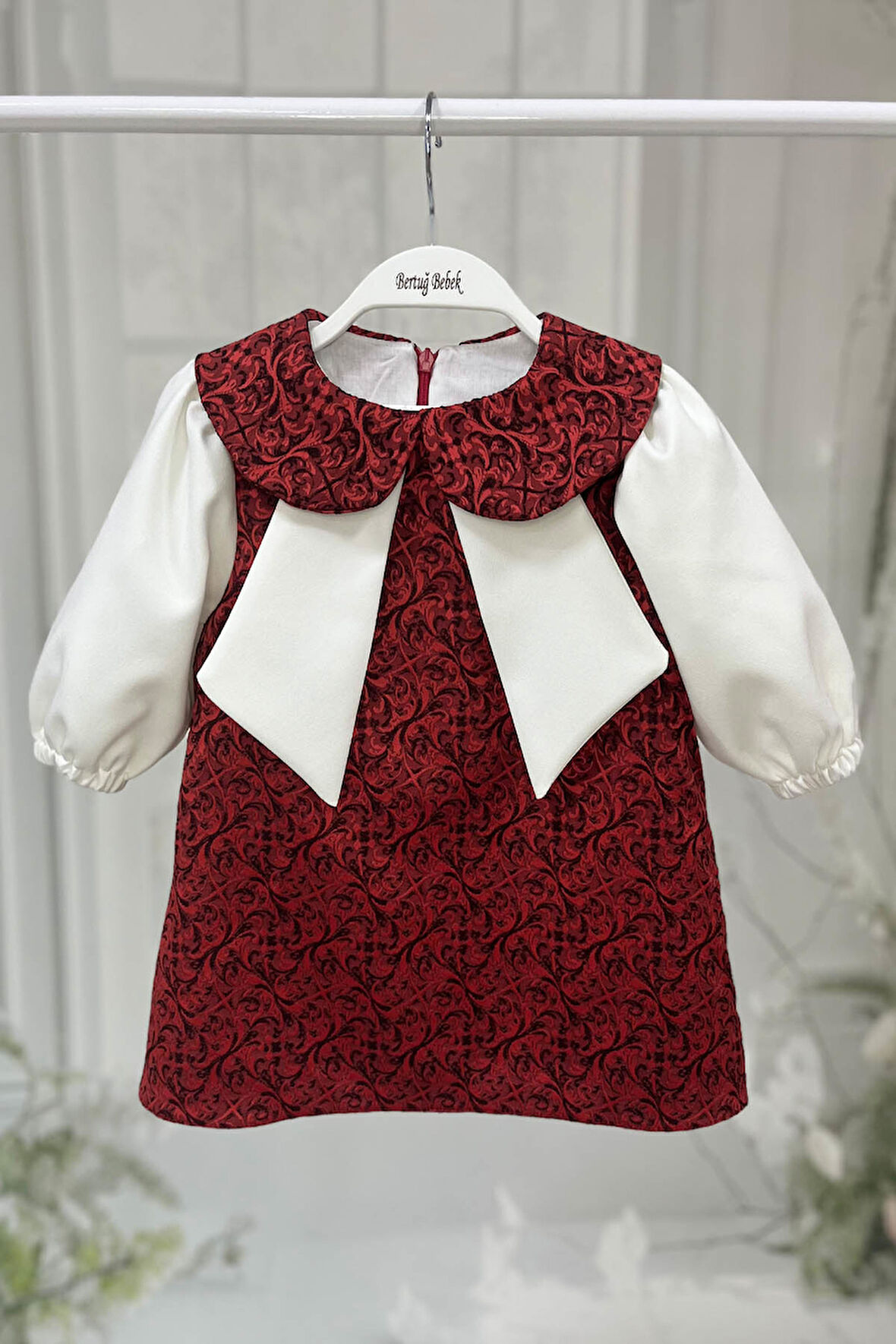 Bordo Kırmızı ve Kırık Beyaz Kız Çocuk Bebek Jile Krep Elbise