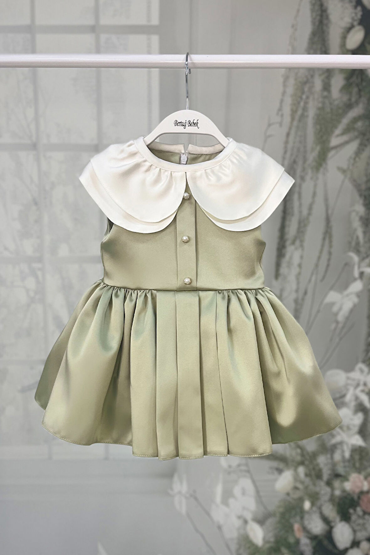 Yeşil Saten Kız Çocuk Bebek Abiye Lotus Elbise 