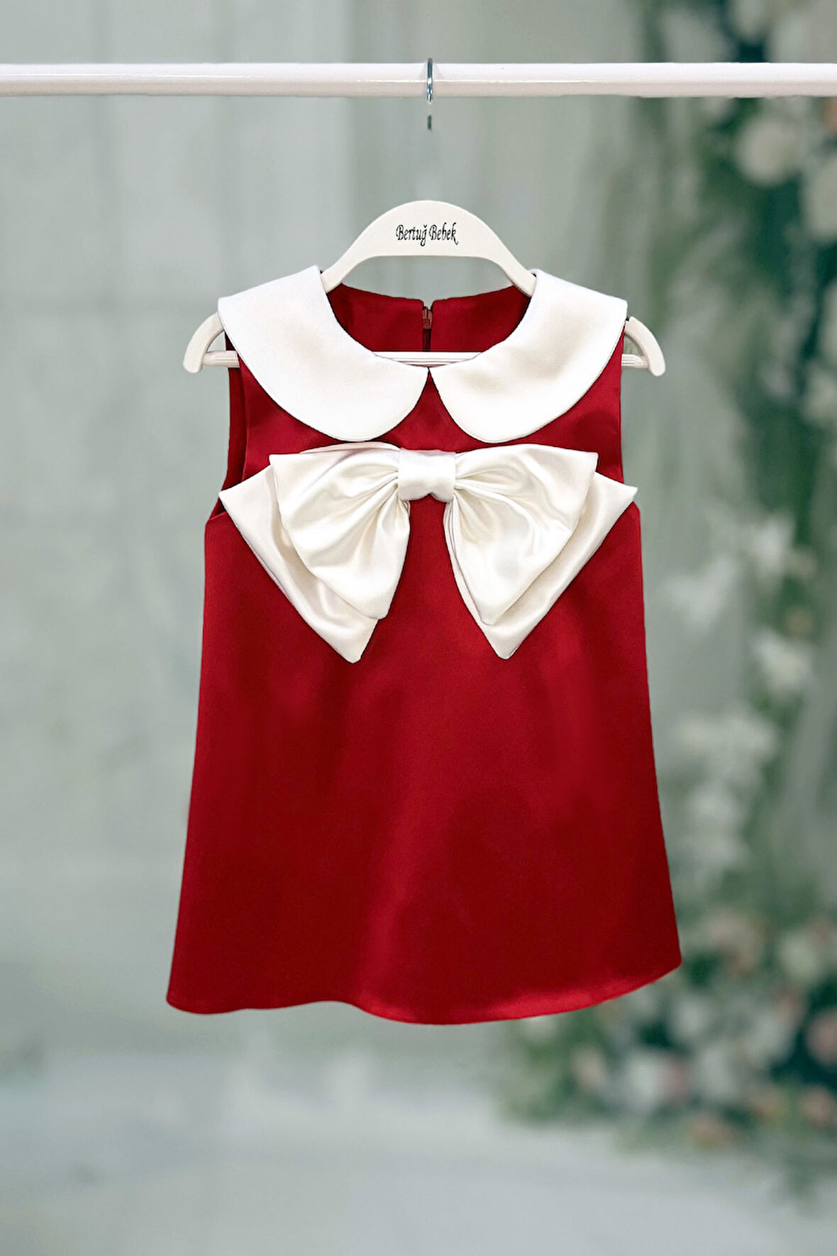 Saten Bebe Yaka Fiyonklu Kız Çocuk Bebek Bayramlık Kırmızı Elbise