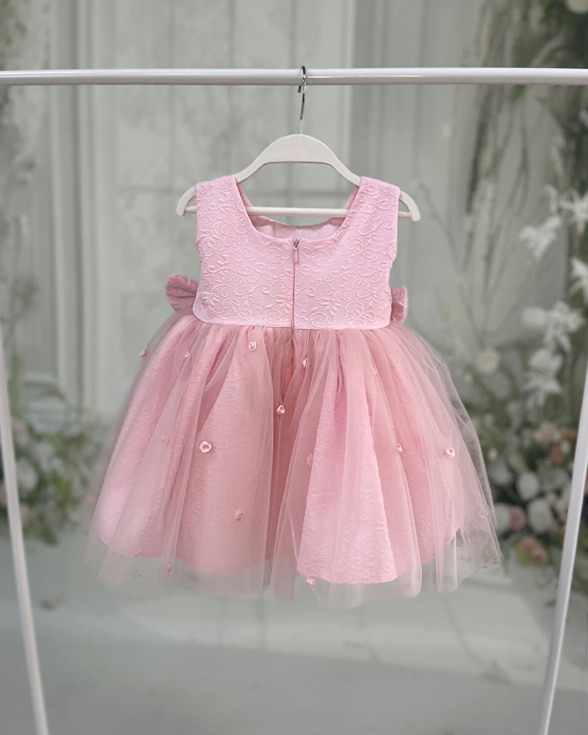 Brokar Pembe Hayal Tül Gül Detaylı Fiyonklu Abiye Elbise 