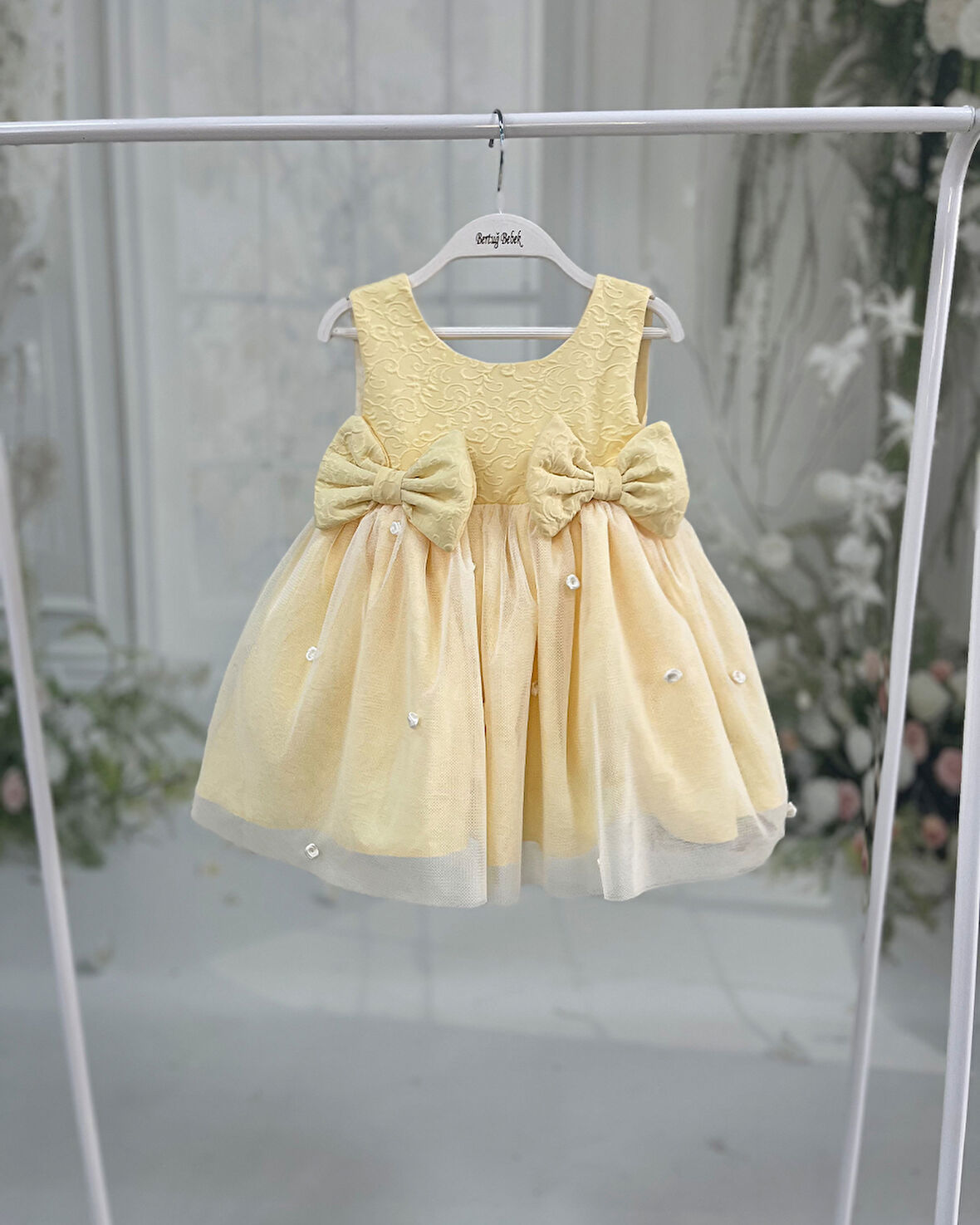 Brokar Sarı Hayal Tül Gül Detaylı Fiyonklu Abiye Elbise