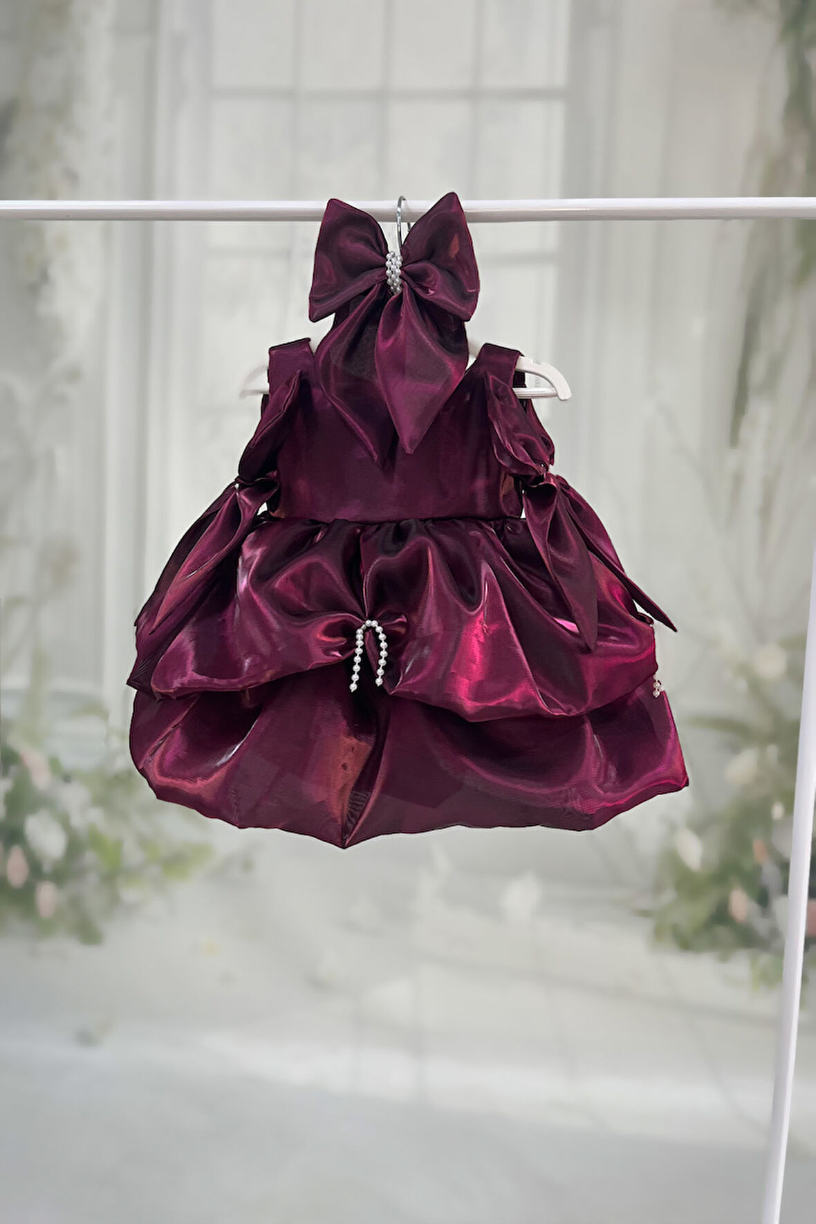 Balon Etek Mürdüm İnci Detaylı Fiyonklu Abiye Gelinlik Elbise