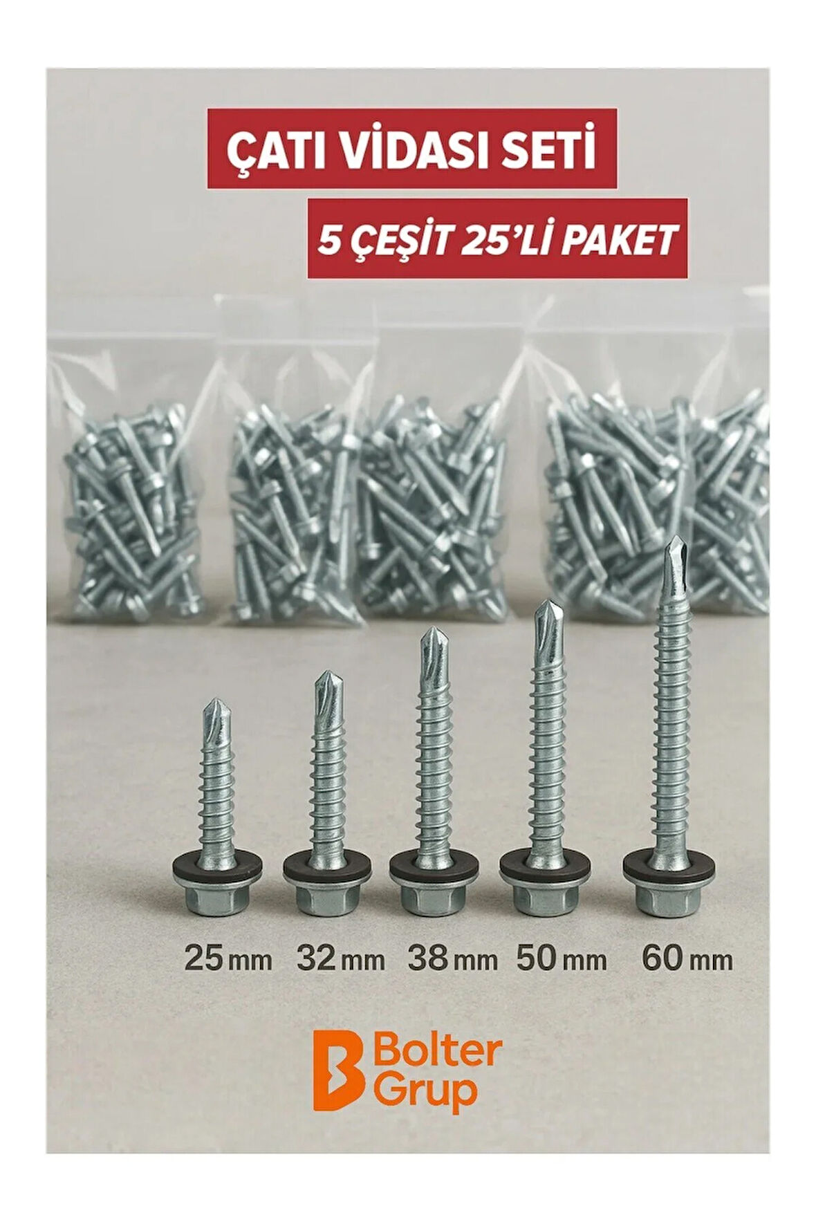 Çatı Vidası Trapez Vida Seti – 25’li Paket 5,5 Serisi (25mm-60mm Arası 5 Ölçü)