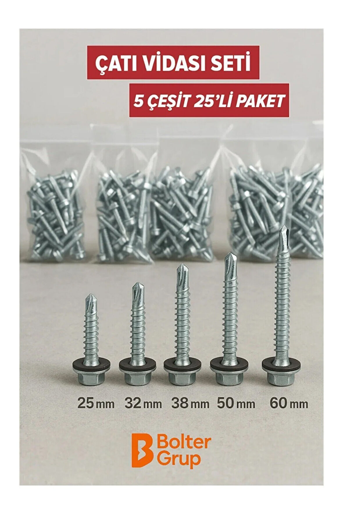 Çatı Vidası Trapez Vida Seti – 25’li Paket 6,3 Serisi (25mm-60mm Arası 5 Ölçü)