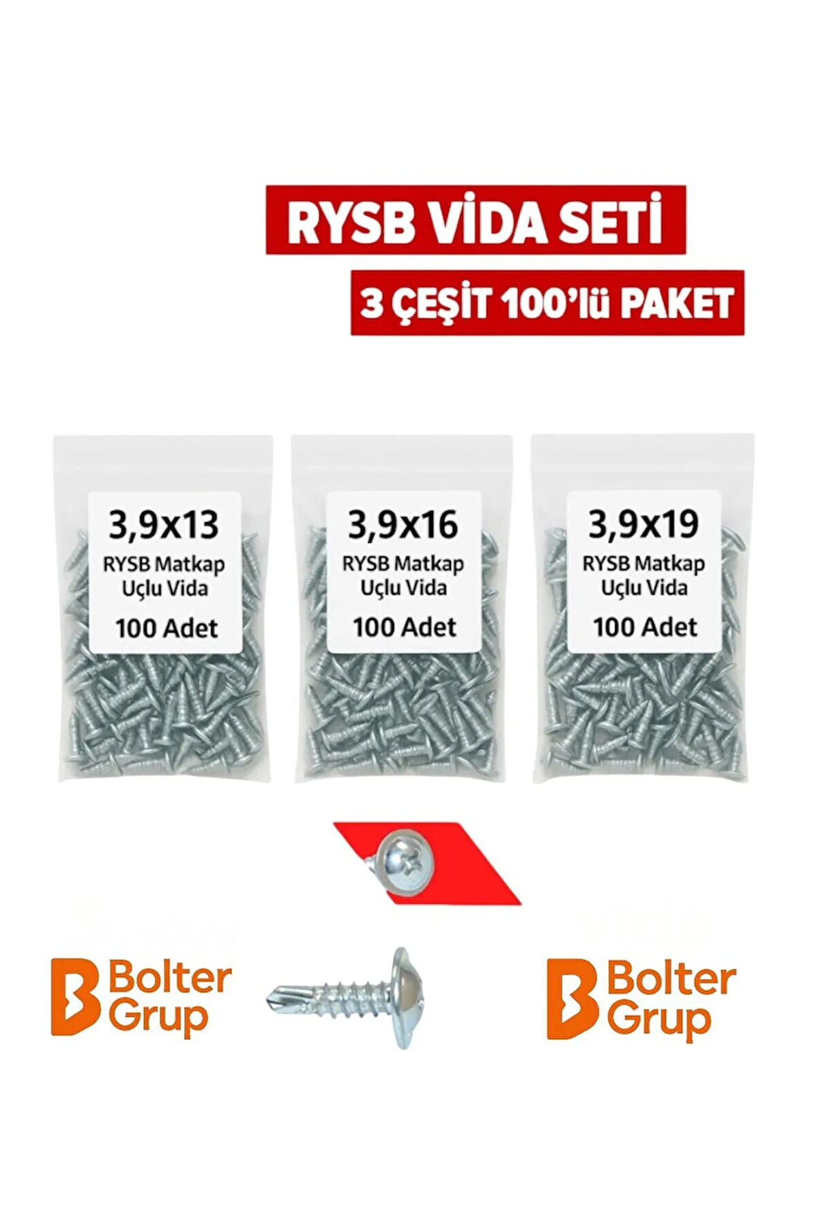 RYSB Pul Başlı Vida Seti – 3,9 mm Çap / 13-16-19mm Boylar Toplam 300 Parça