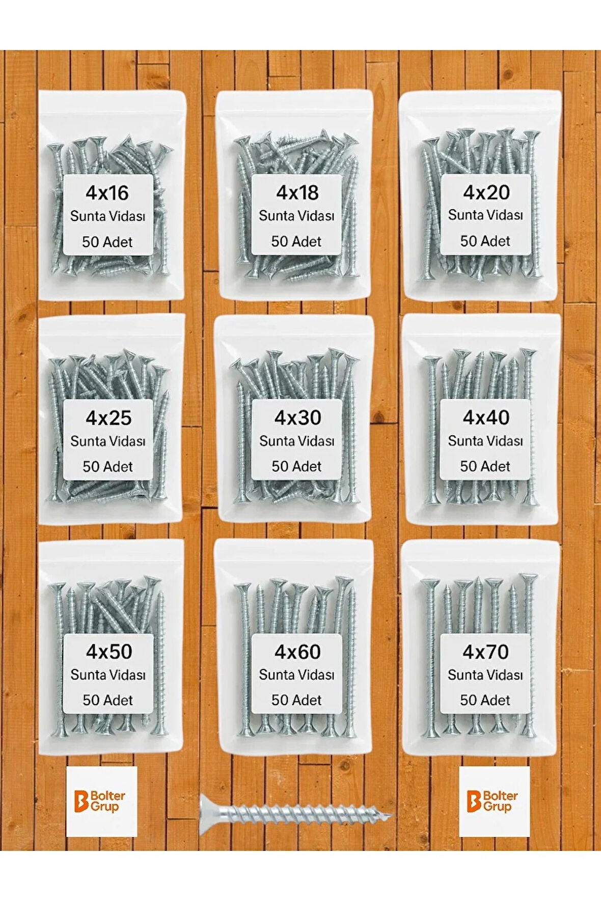 Ağaç Ve Sunta Vidası Seti – 4 Mm Çap / Toplam 450 Vida / 9 Boy (16-70 MM)