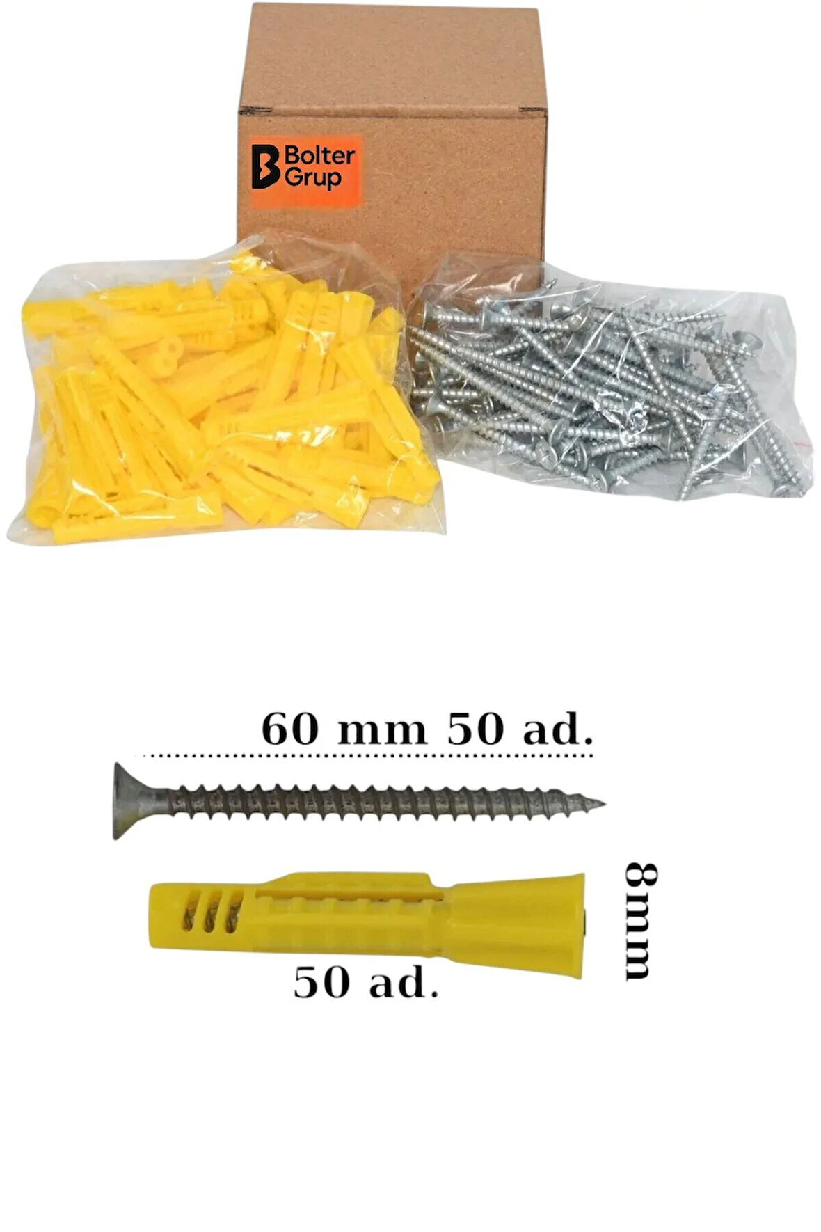 Sunta Vidası Ve Roket Dübel, 50 Adet 5x60 Yhb Sunta Vidası Ve 50 Adet 8 Mm Roket Dübel