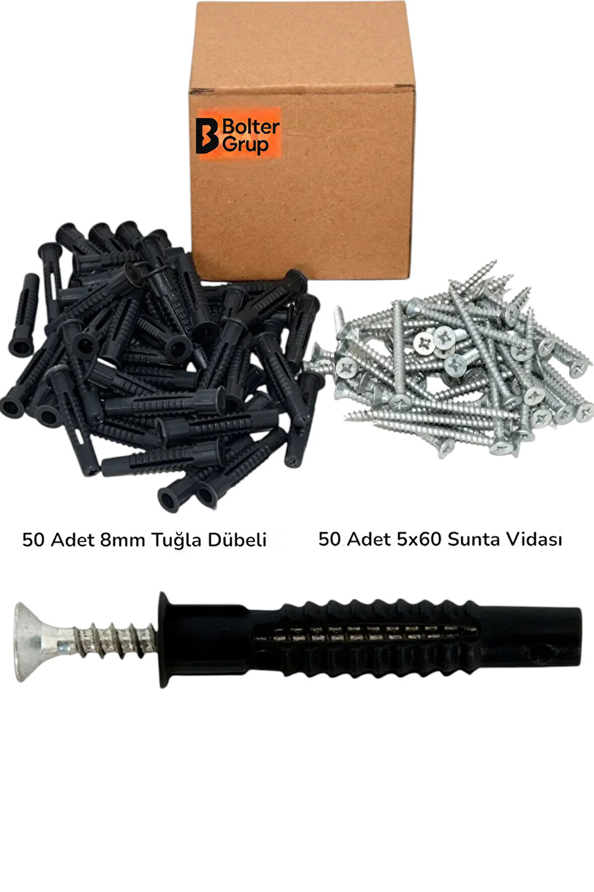Vida ve Dübel Seti 50 Adet 5x60 mm Sunta Vidası ve 50 Adet 8mm Siyah Tuğla Beton Boşluk Dübel