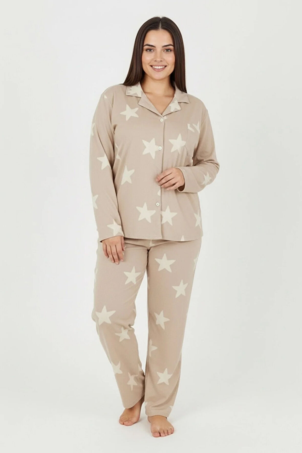 Luxury Soft Bej Yıldız Desenli Uzun Kollu Kadın Pijama Takımı – Büyük Beden 3011