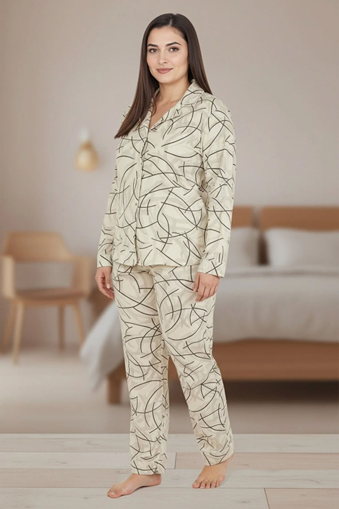 Luxury Soft Ekru Çizgi Desenli Uzun Kollu Kadın Pijama Takımı – Büyük Beden 3015