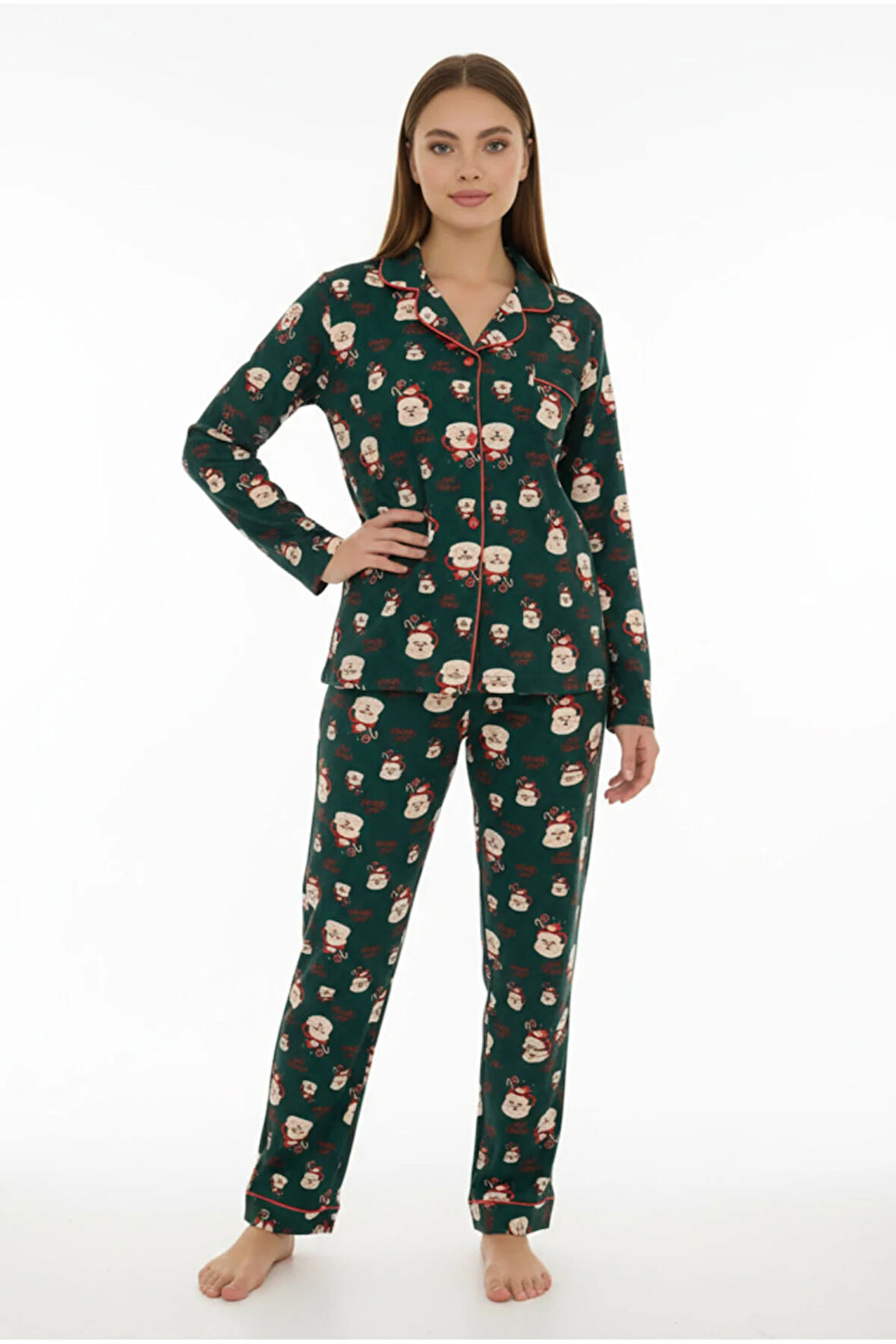 Luxury Soft Yeşil Noel Baba Desenli Uzun Kollu Kadın Pijama Takımı – 3023