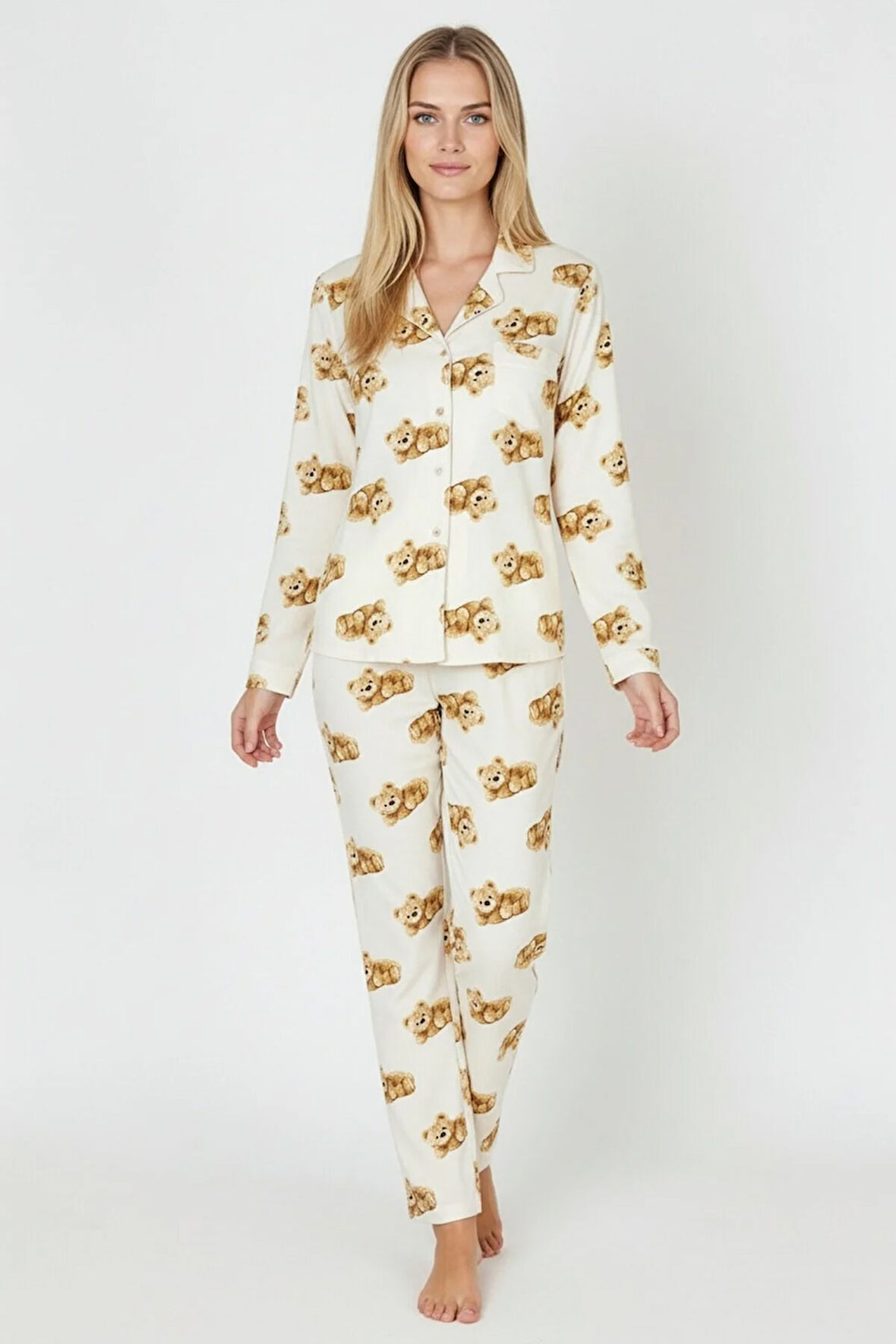 Luxury Soft Ekru Ayıcık Desenli Uzun Kollu Kadın Pijama Takımı – 3041