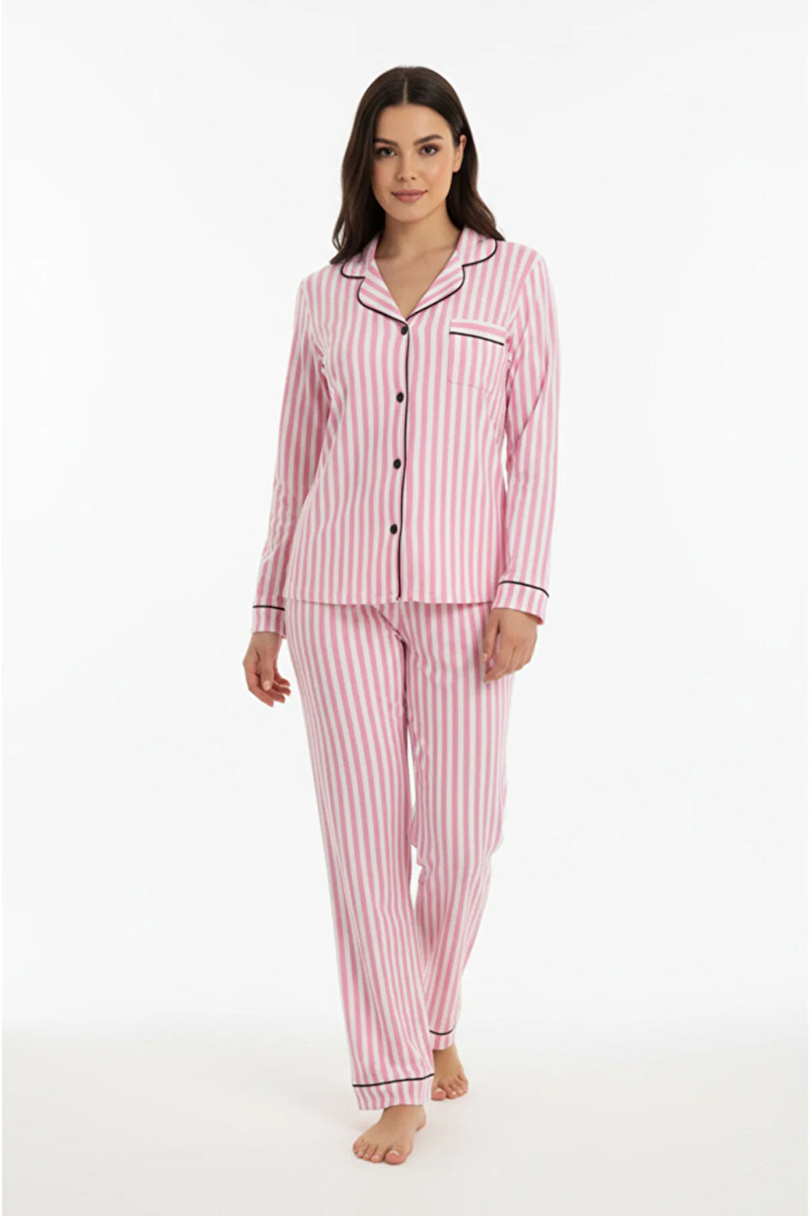 Luxury Soft Pembe Çizgili Uzun Kollu Kadın Pijama Takımı – 3052