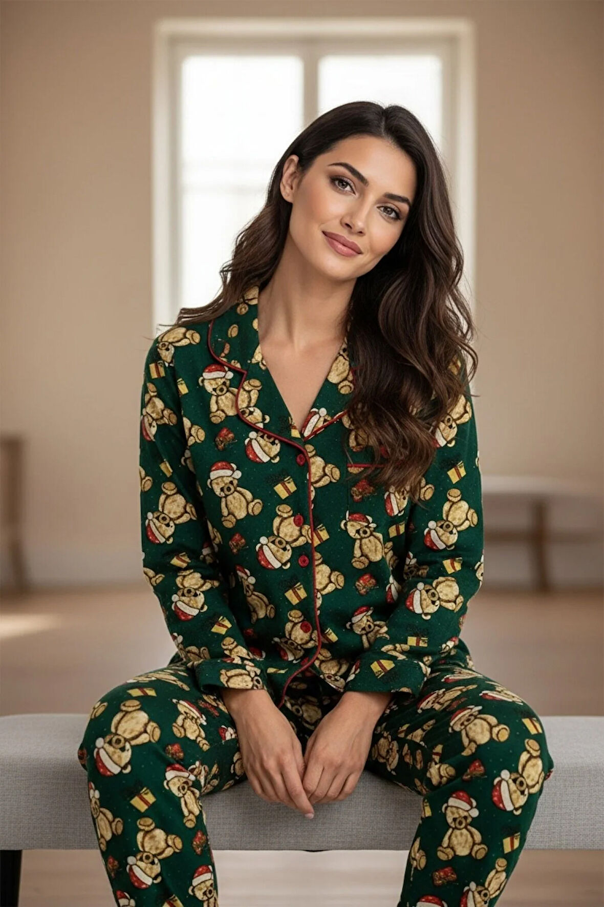 Luxury Soft Yeşil Yılbaşı Ayıcık Desenli Uzun Kollu Kadın Pijama Takımı – 3065