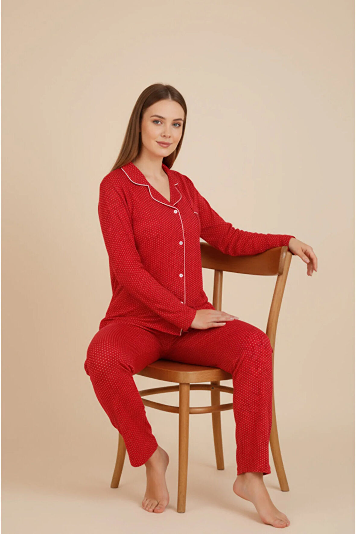 Luxury Viscose Kırmızı Puantiye Desenli Kadın Uzun Kollu Büyük Beden Pijama Takımı – 42517