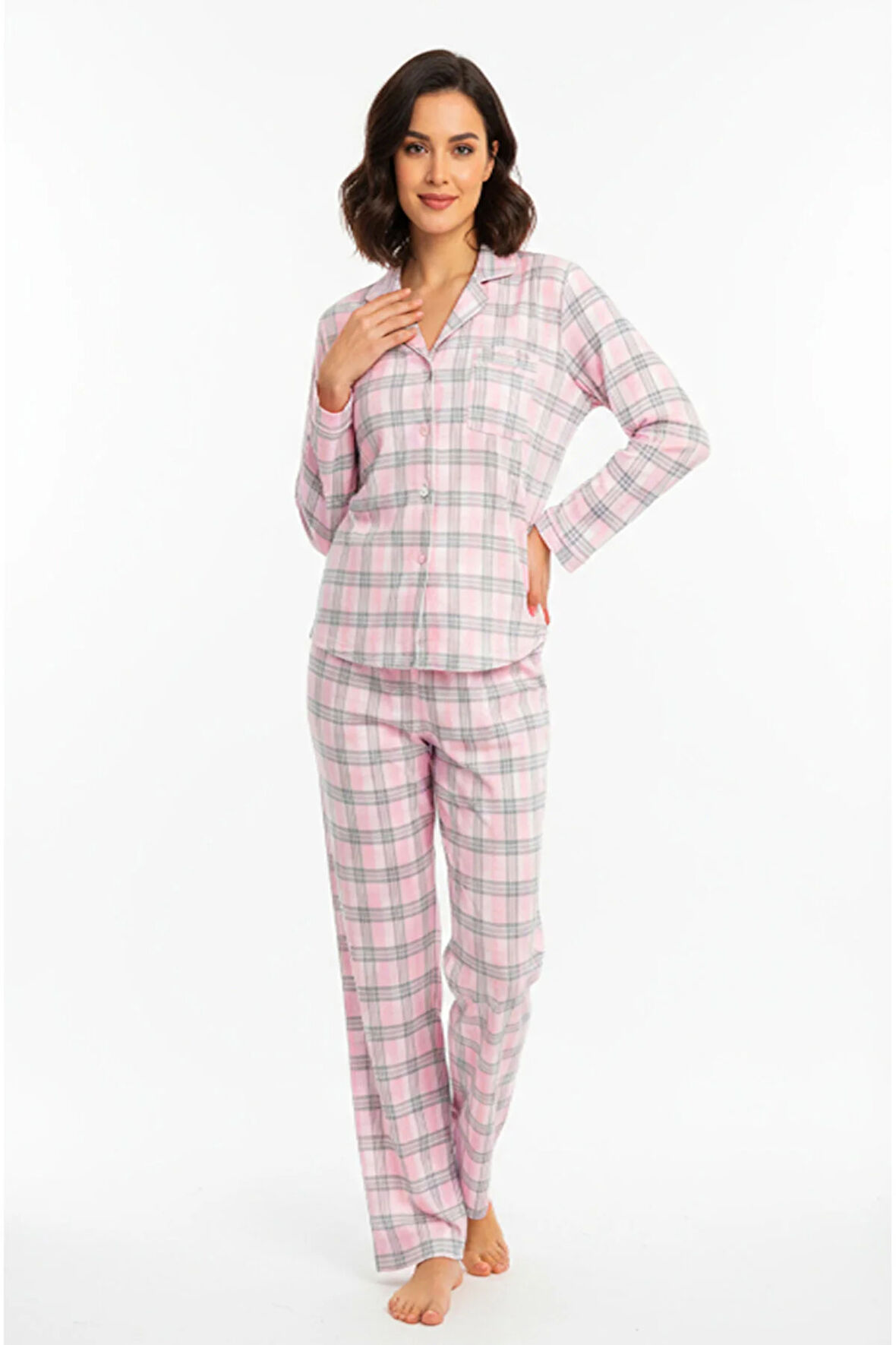 Luxury Viscose Pembe Ekose Desenli Kadın Uzun Kollu Büyük Beden Pijama Takımı – 42531