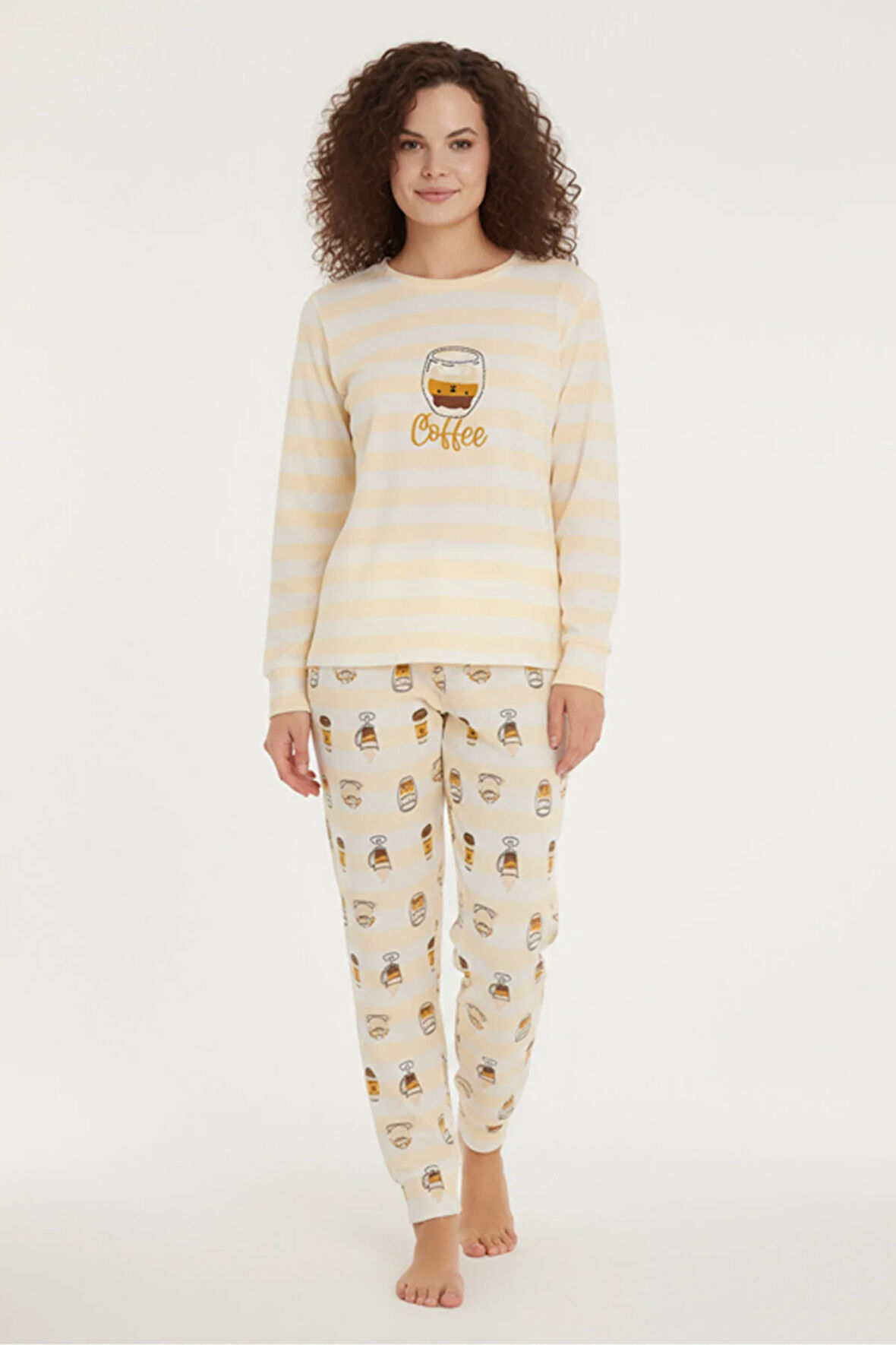 Luxury Thermal Coffee Desenli Kadın Polar Kışlık Pijama Takımı – 42009